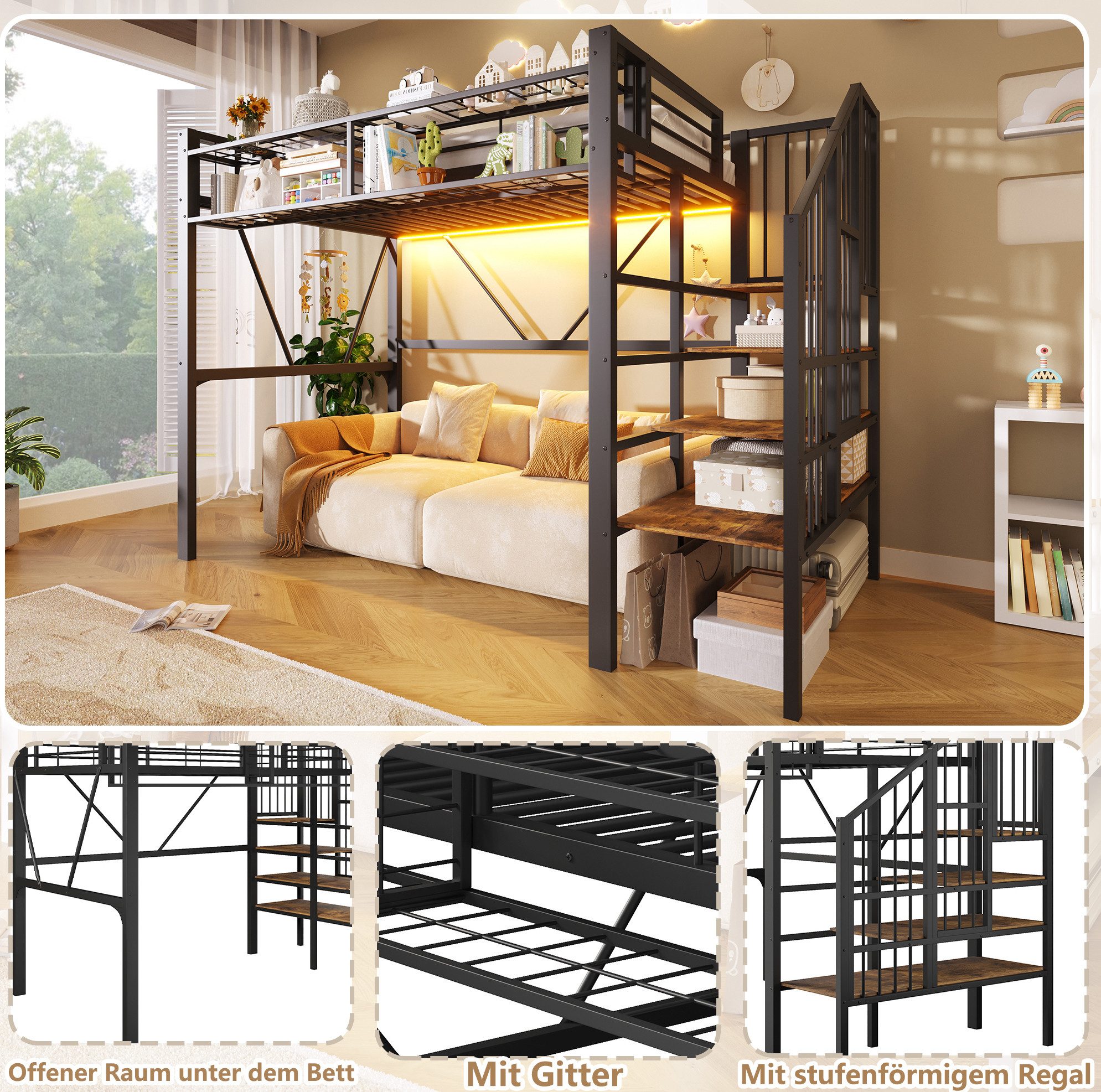 MODFU Hochbett Kinderbett aus Metall mit offenem Stauraum, LED-Leiste (Jugendbett 90x200 cm mit Gitterelementen, Stufen-Ablageregal und Aufbewahrungskorb, Eisenbett) ohne Matratze