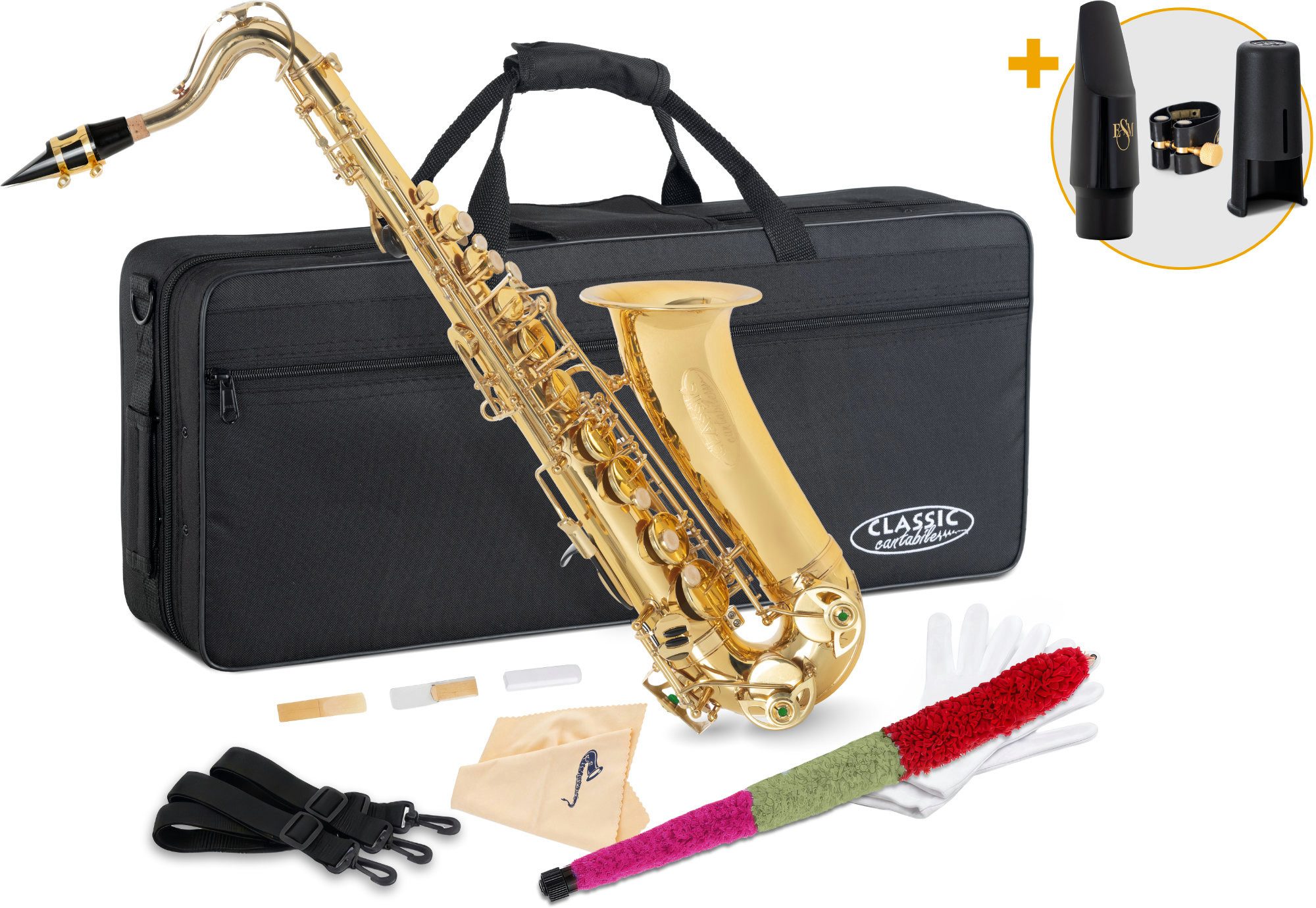 Classic Cantabile Saxophon AS-420 Altsaxophon Set - Das Kinder-Saxophon für Youngstars, Altsaxophon inkl. Leichtkoffer, Wollwischer, Blatttschraube und Kapsel, 6-St., Set mit Koffer, Mundstück, Wollerwischer, Blattschraube und Kapsel, Stimmung: Eb, Kindgerechte Mechanik mit enger liegenden Klappen