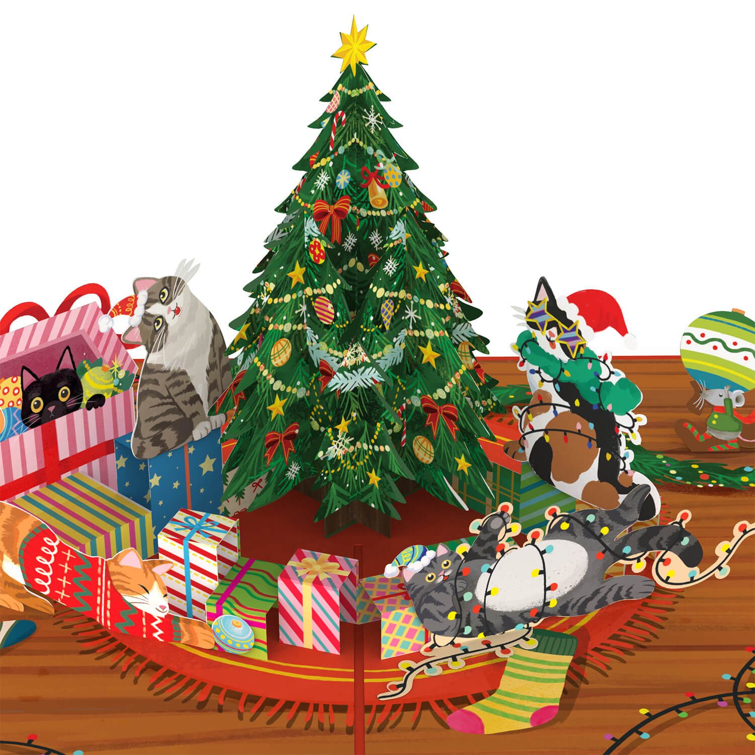 papercrush Weihnachtskarte Weihnachtsbaum mit Katzen Pop-Up Karte, Handgemacht