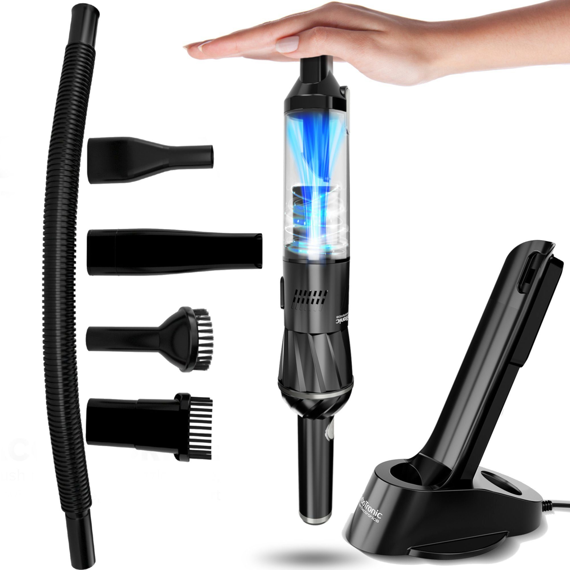 TurboTronic by Z-Line Akku-Handstaubsauger 6,5kpa, 25 Min. Laufzeit, ultra-Leichtgewicht Boden Staubsauger, 85 W, beutellos, kabelloser Sofa Couch Tisch Handsauger mit Ladestation