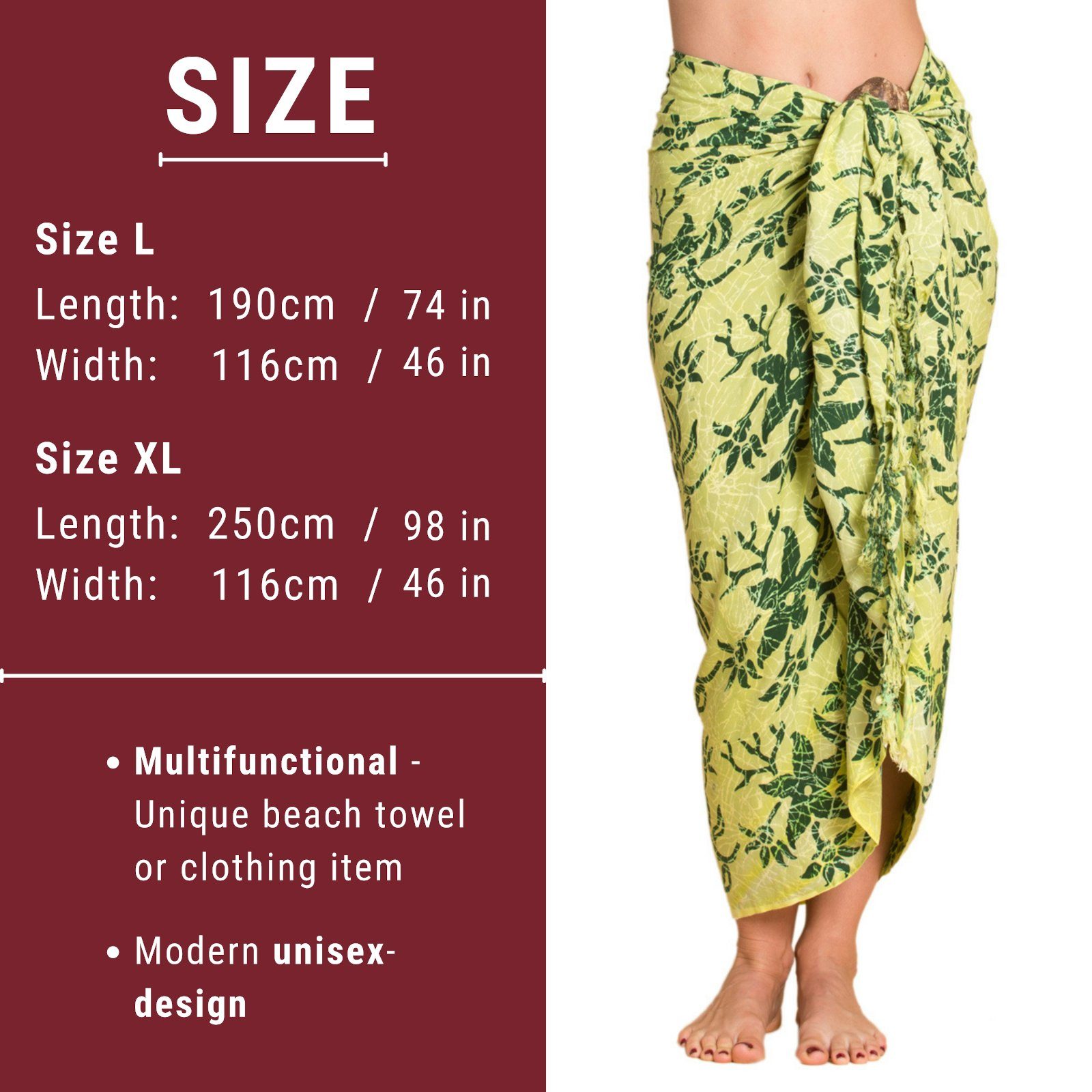 Bikini Pareo für Strandkleid auch PANASIAM Sarong Strandtuch Wrap B007 Tuch Größen tragbar hellgruen Strand Wachsbatik oder, den Cover-up großen in als Überwurf