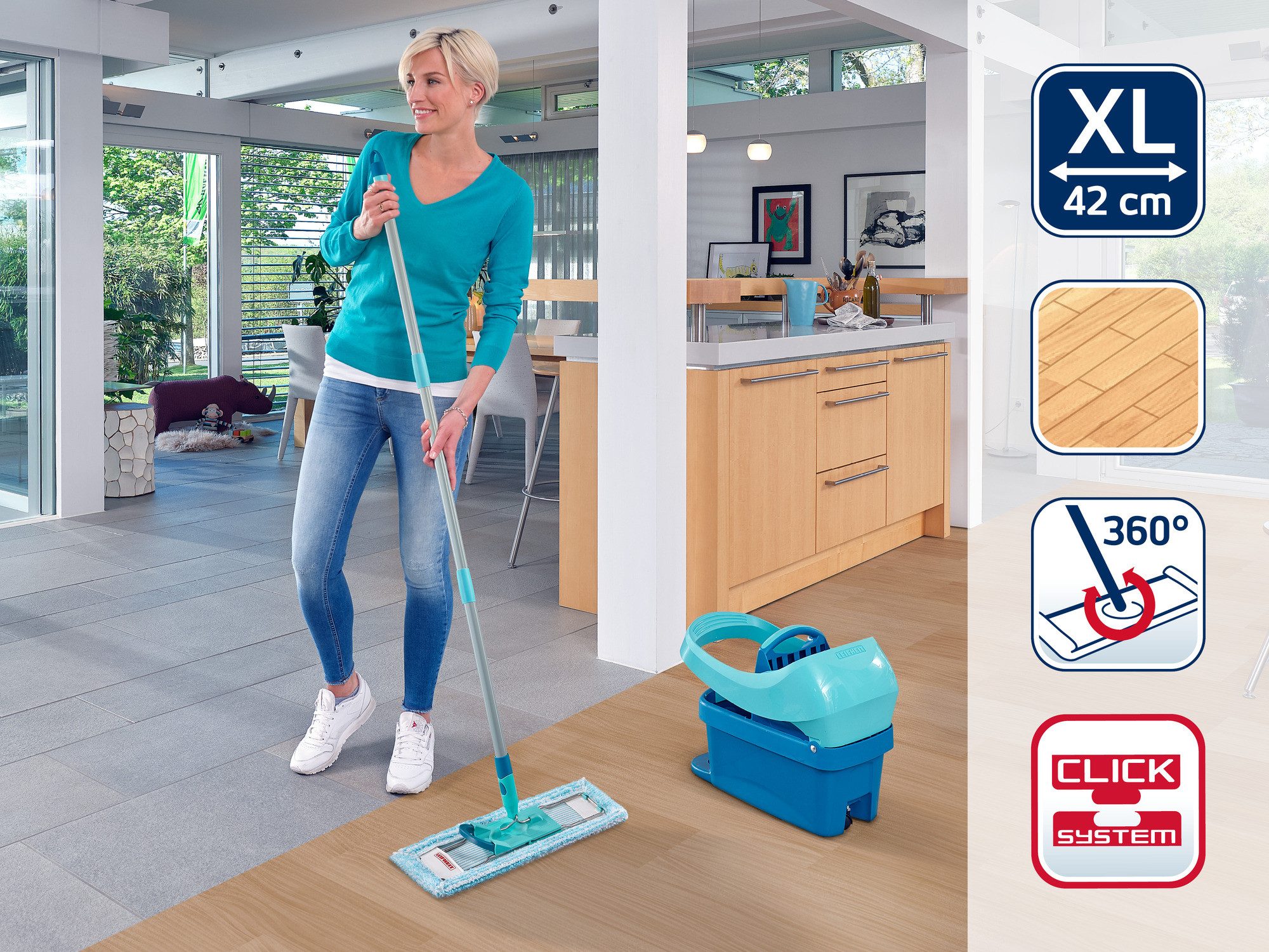 Leifheit Bodenwischer-Set Bodenwischer Profi XL super soft (Box), (3-St), Waschbar bei 60°C, Wischbreite 42cm, Arbeitshöhe 146cm, 360° Gelenk