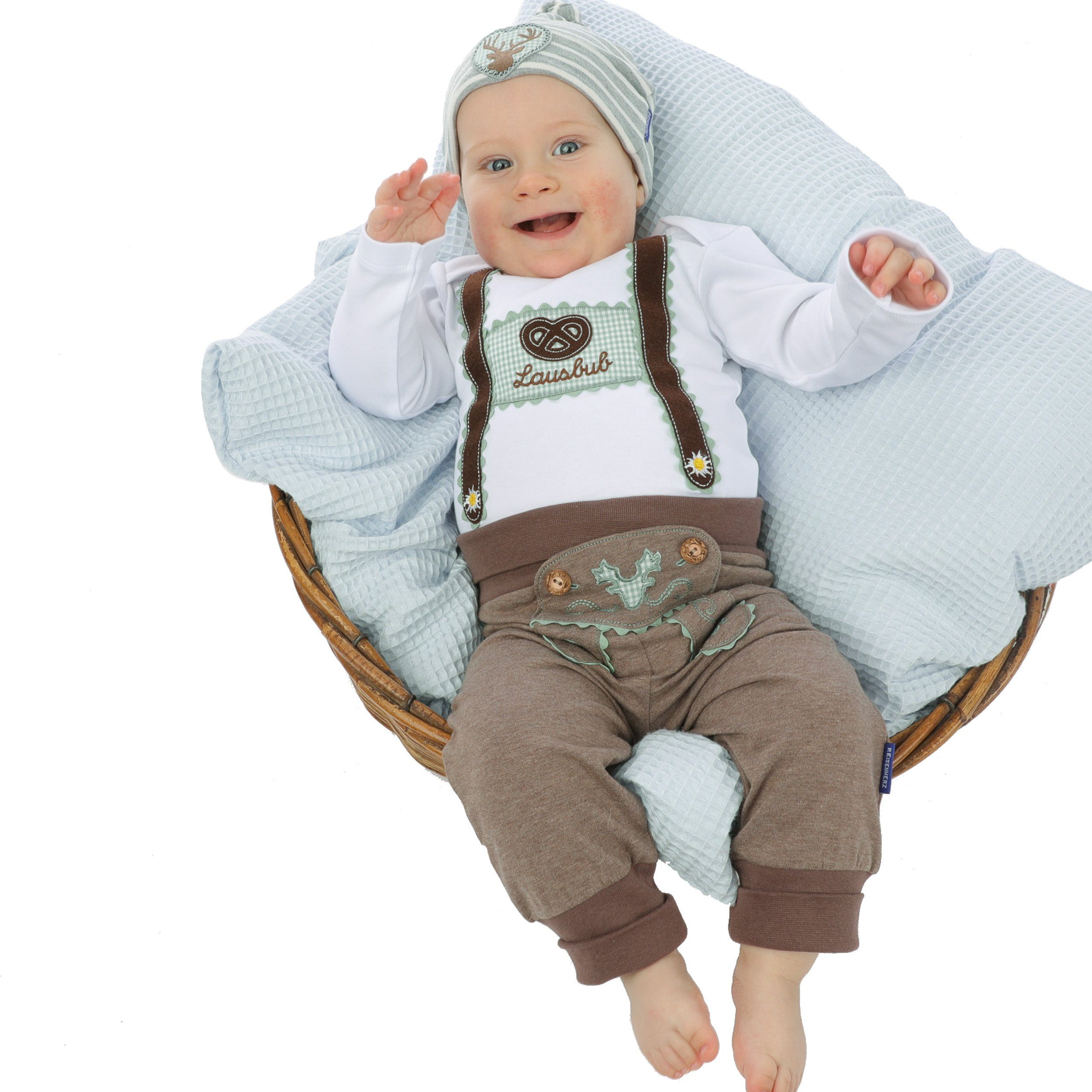 P.Eisenherz Trachtenhose Babyhose im Lederhosenstil mit grüner Stickerei mit elastischem Hosenbund