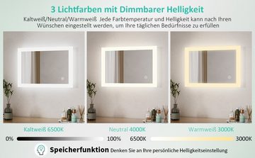 WDWRITTI Badspiegel Badezimmerspiegel mit Beleuchtung LED Wandspiegel 60x40cm (Speicherfunktion, Touch/Wandschalter), 3 Lichtfarben mit Dimmbarer Helligkeit;Warmweiß / Neutral / Kaltweiß