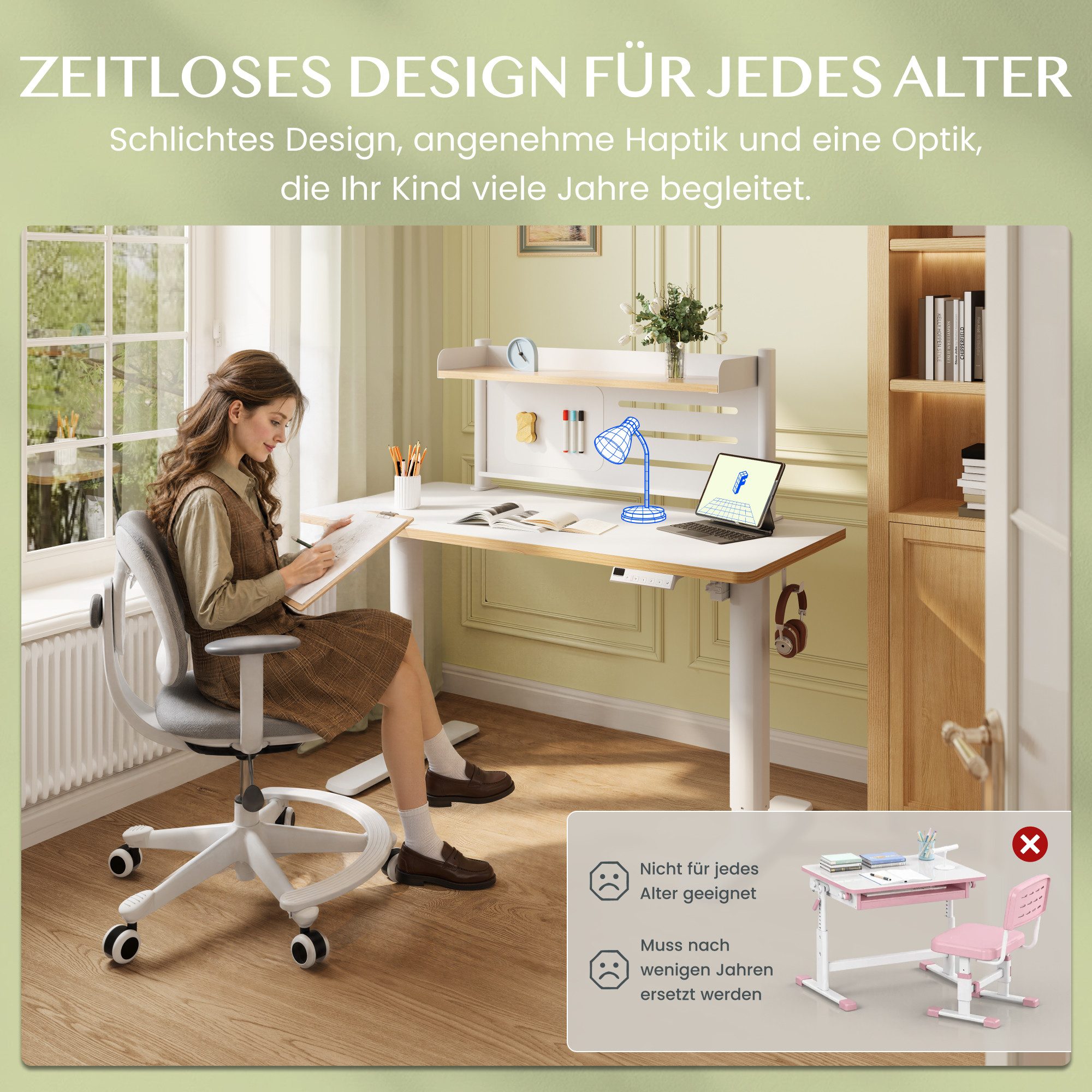 FLEXISPOT Schreibtisch Kinderschreibtisch Höhenverstellbar (3 Speichertasten, Magnetisches Whiteboard, inkl. 3 Whiteboard-Stifte & Tafellöscher), MIT 2xHaken &  – Bild 3 von 5