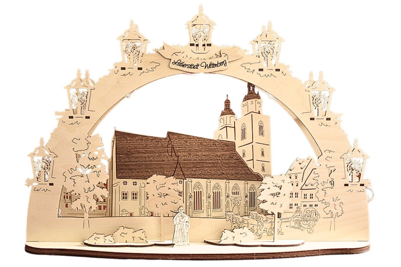 DeColibri LED Schwibbogen 3D LED Schwibbogen Lutherstadt Wittenberg Stadtkirche - mit Netzkabel, Holzkunst aus Sachsen, beleuchtet