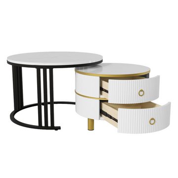 Ulife Couchtisch 2-in-1 runder Beistelltisch mit 2 Schubladen (2-St), Tisch 1: Φ70cm, Schwarz+Weiß Tisch, Tisch 2: Φ50cm, Weiß