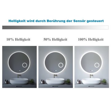 AQUABATOS Wandspiegel Badspiegel mit Beleuchtung rund Lichtspiegel Bad badezimmerspiegel, 3-fach-Vergrößerung,Kaltweiß,dimmbar,Digitaluhr,beschlagfrei