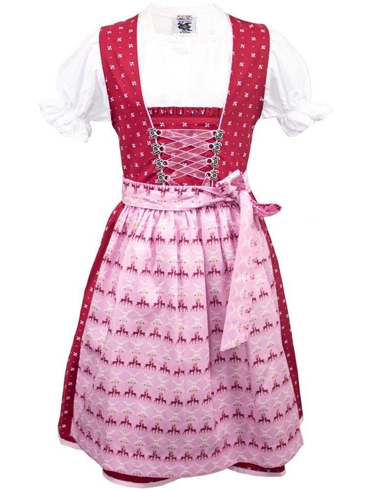 Trachtenkleid "Sarina" Rosa - Rot, 3-tlg. mit Bluse Kinder Isar-Trachten 44940 Hirschmotiv Dirndl
