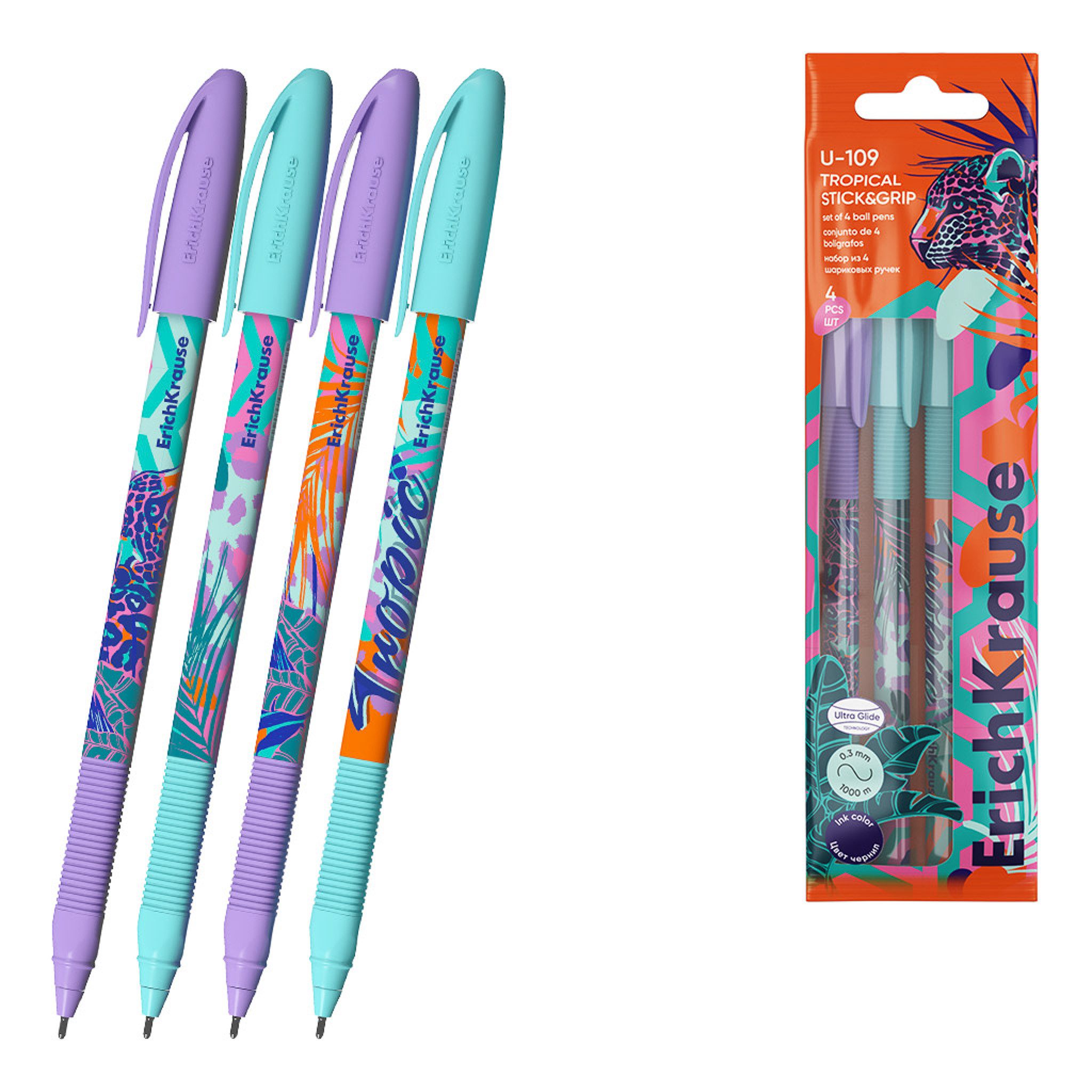 Erich Krause Kugelschreiber, Kugelschreiber U-109 Tropical Motiv 1,0mm 4er Set Blau