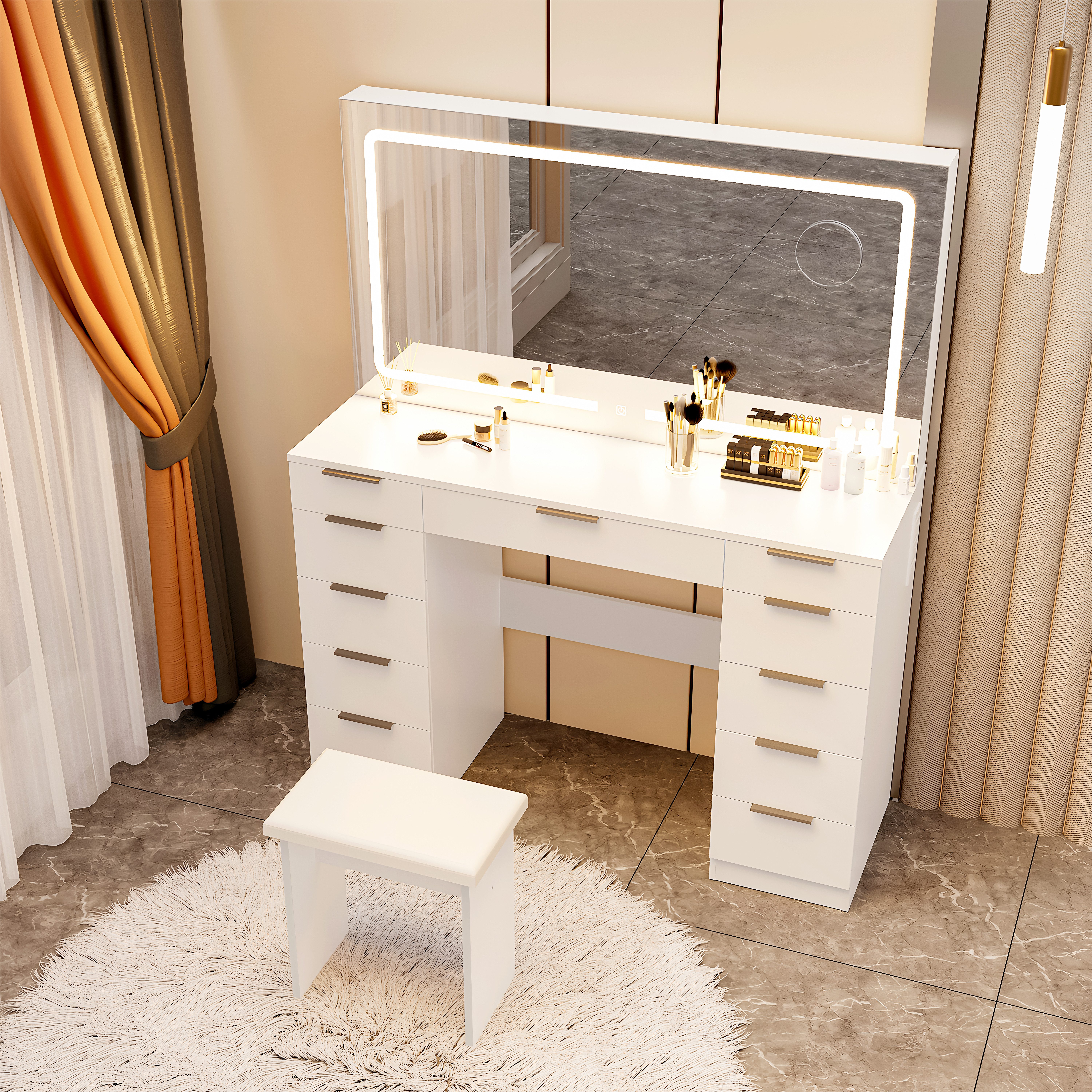 oyajia Schminktisch Kosmetiktisch mit Hocker & LED-Beleuchtung (Einstellbare drei Farbtemperaturen, um Ihr perfektes Make-up zu präsentieren), Mit 11 Schubladen,Steckdosen,Großer Spiegel