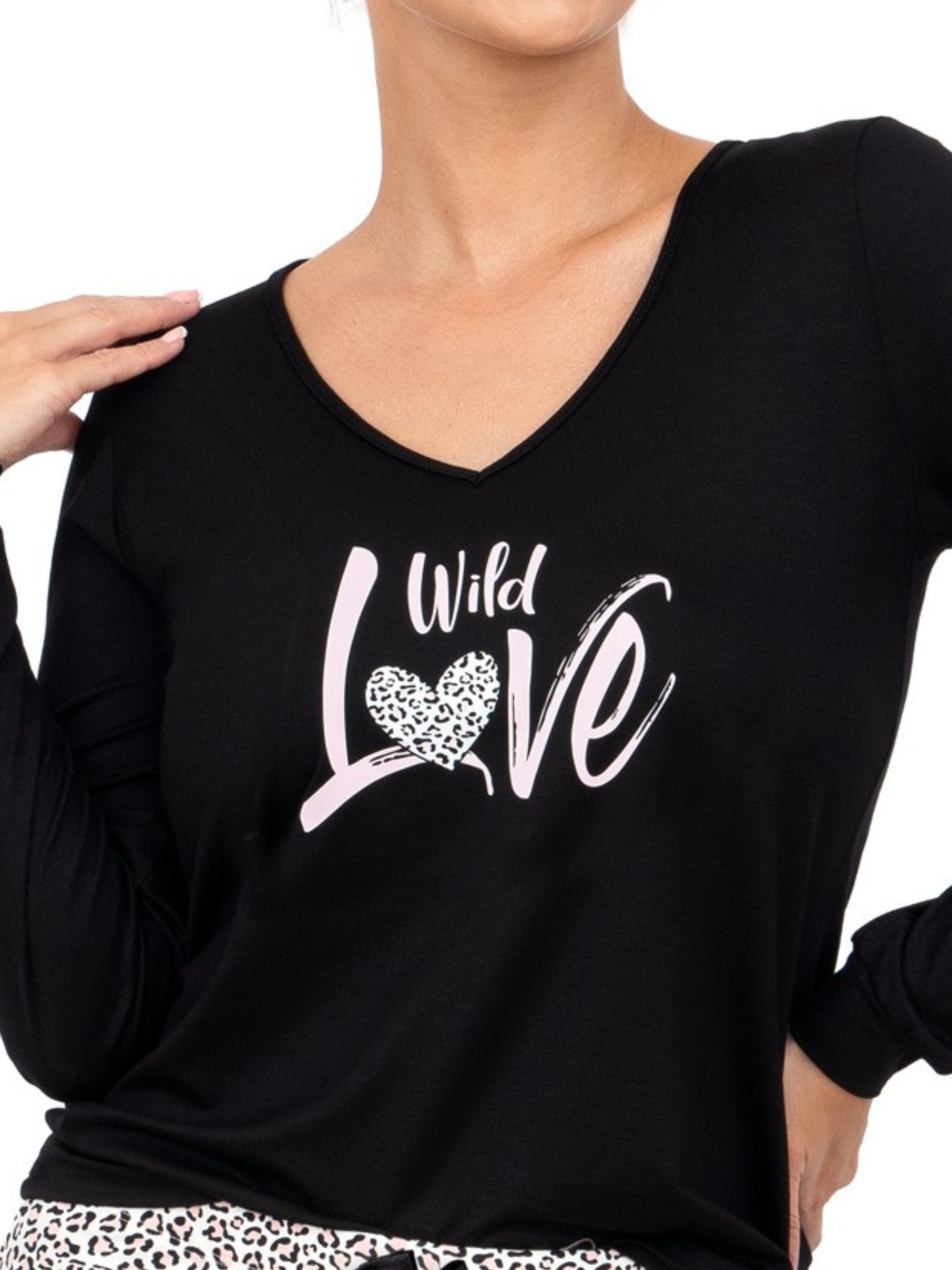 Donna Pyjama langarm Schlafanzug mit Motivdruck (2 tlg., 1 Stück) Schlafhose mit Leo-Print & passendem Basic-Shirt, Reine Baumwolle