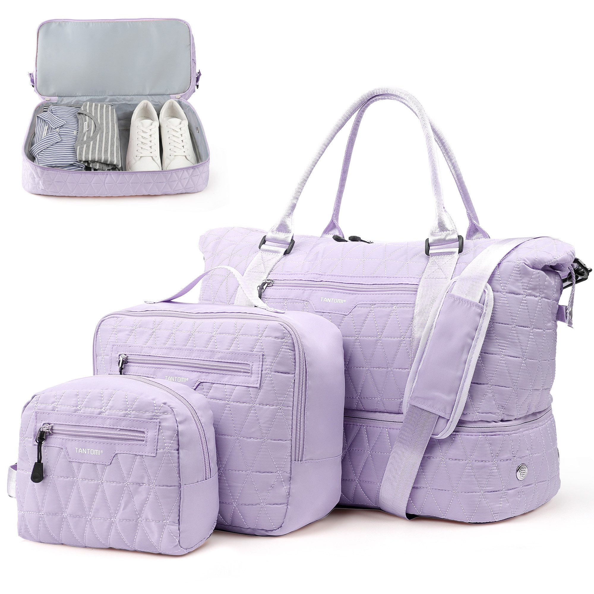 TANTOMI Reisetasche 3-Tlg Set Reisetasche Groß, Weekender Handgepäck Tasche (Erweiterbares Weekender Bag mit Nassfach), Leichte Travel Bag mit Schuhfach Kulturbeutel