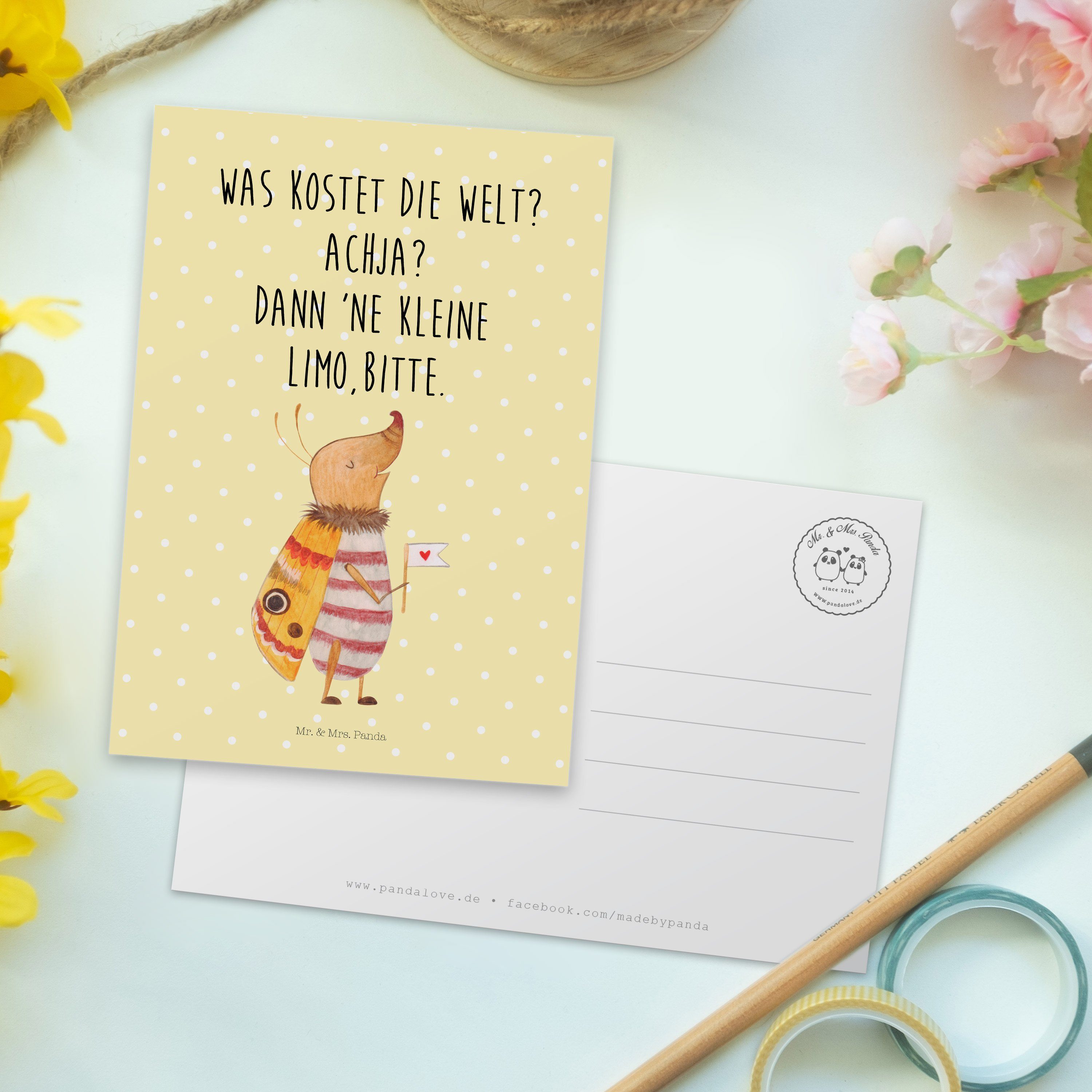 mit Geschenk, - Mr. & Einladungskarte Gelb Mrs. Fähnchen Postkarte Nachtfalter - Panda Pastell