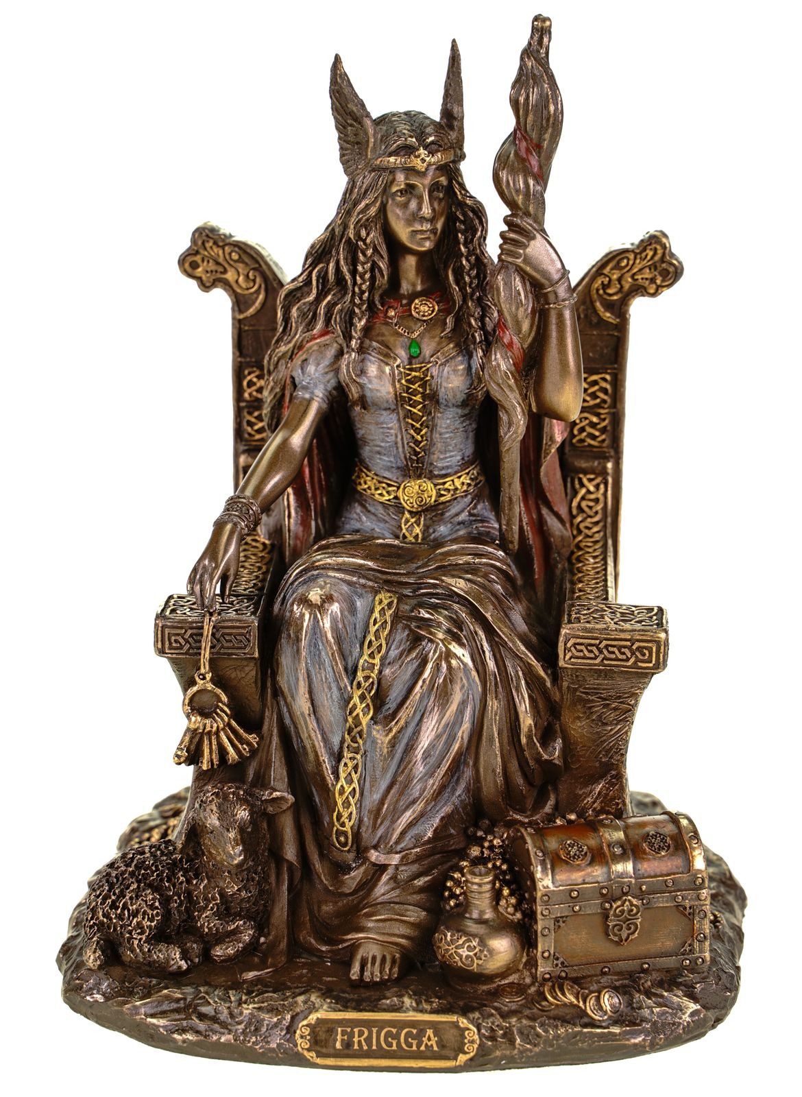 Dekofigur Veronese Germanische Göttin Frigga Frau Odins auf Thron bronziert