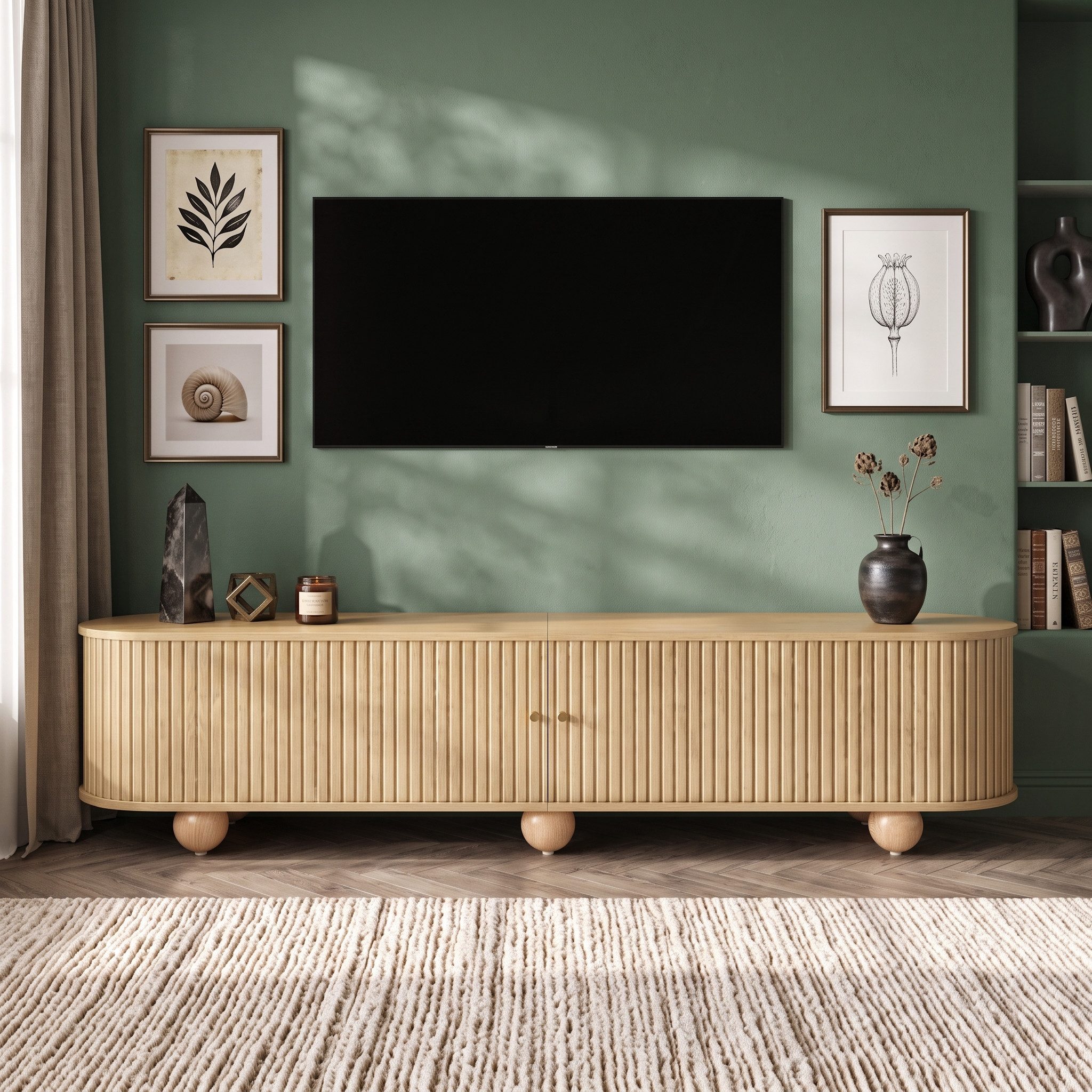 Totnz TV-Schrank TV-Lowboard mit Schiebetüren, vertikaler Lamellenoptik und Kugelfüßen (mit offenem Stauraum und Kabelmanagement) für Wohnzimmer