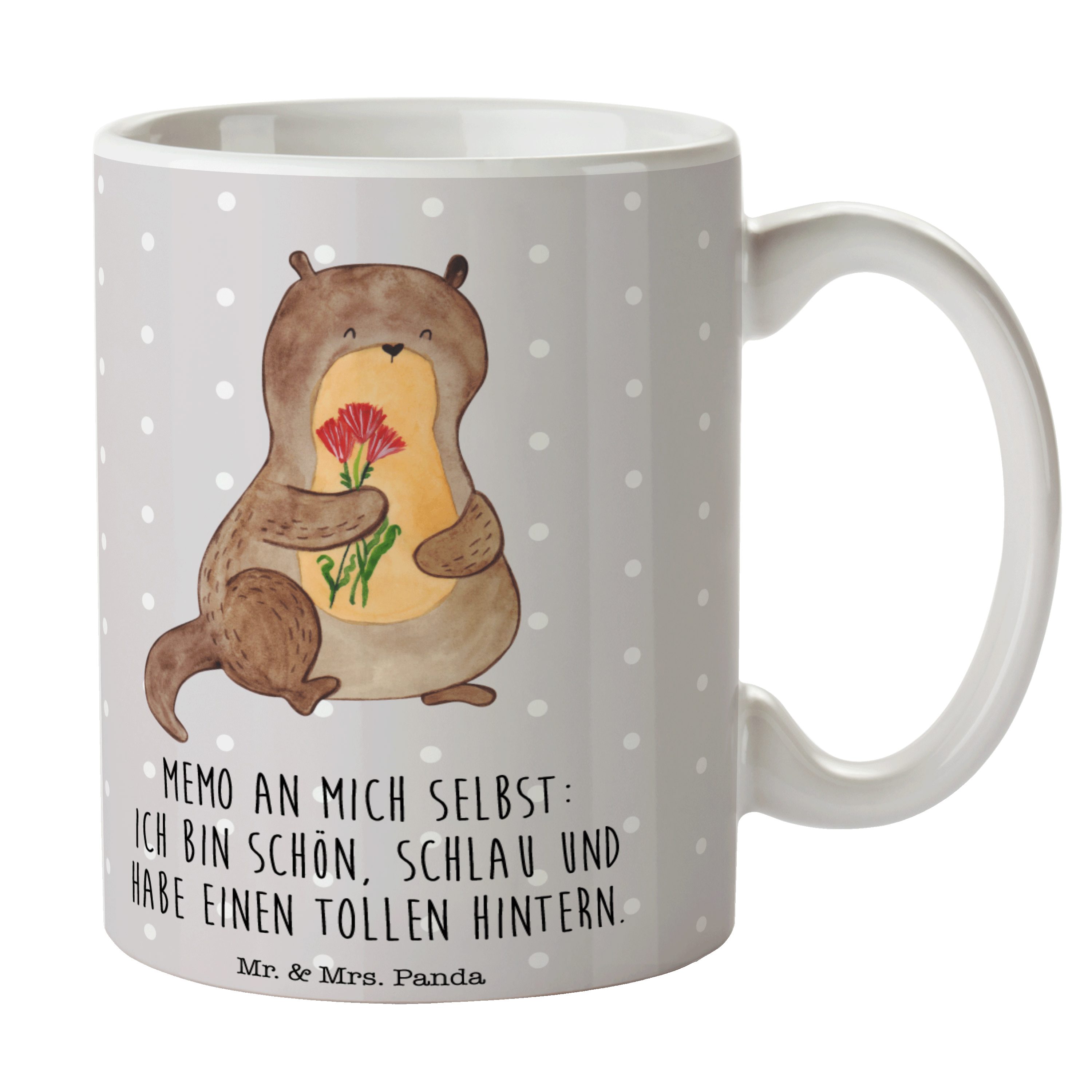Mr. & Mrs. Panda Tasse Otter Blumenstrauß - Grau Pastell - Geschenk, niedlich, Otter Seeotte, Keramik