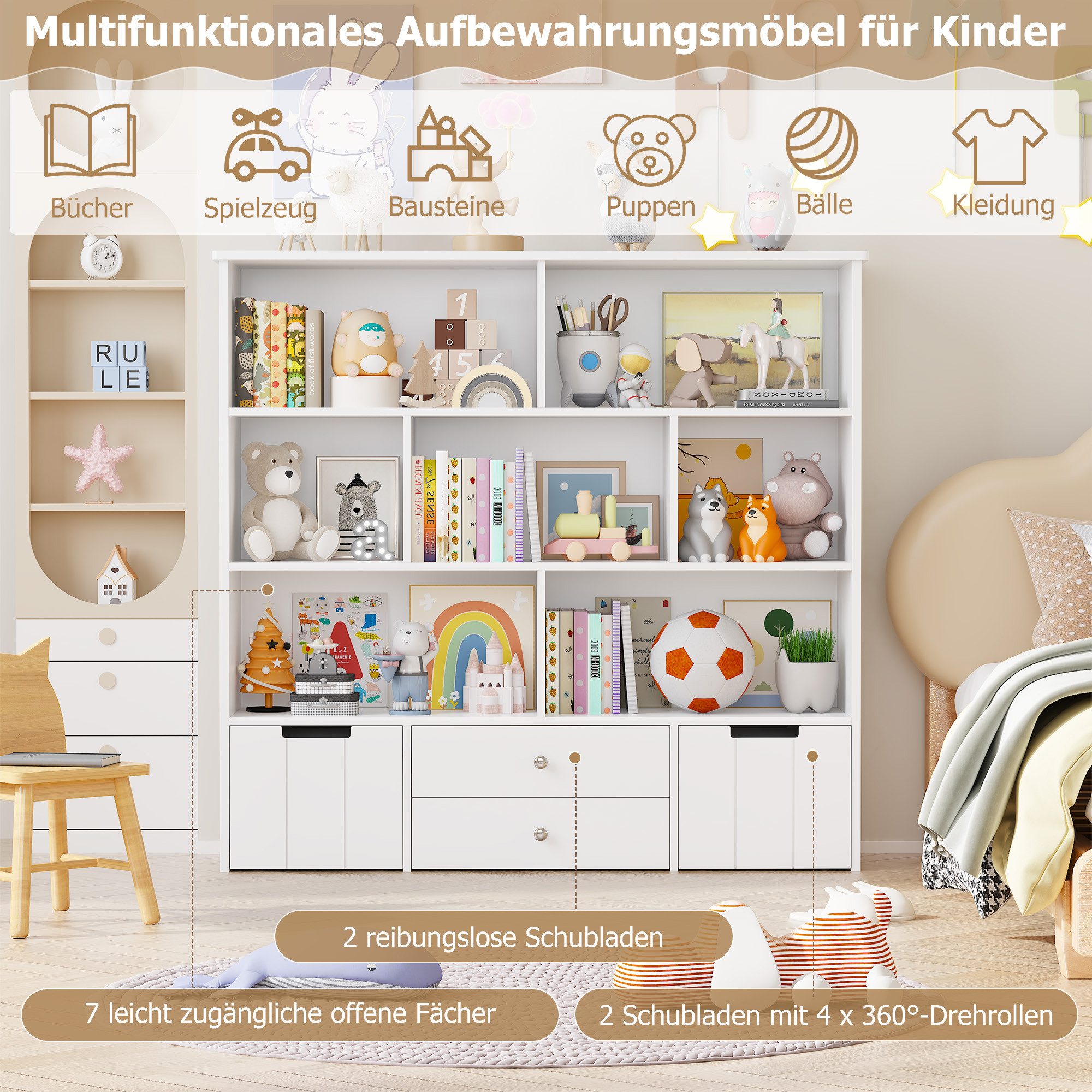 Homfa Kinderregal mit 2 Spielzeugkisten auf Rollen und 2 Schublade, Spielzeugregal mit 7 offenen Fächern Spielzeugtruhe 125x120x33cm weiß – Bild 5 von 5