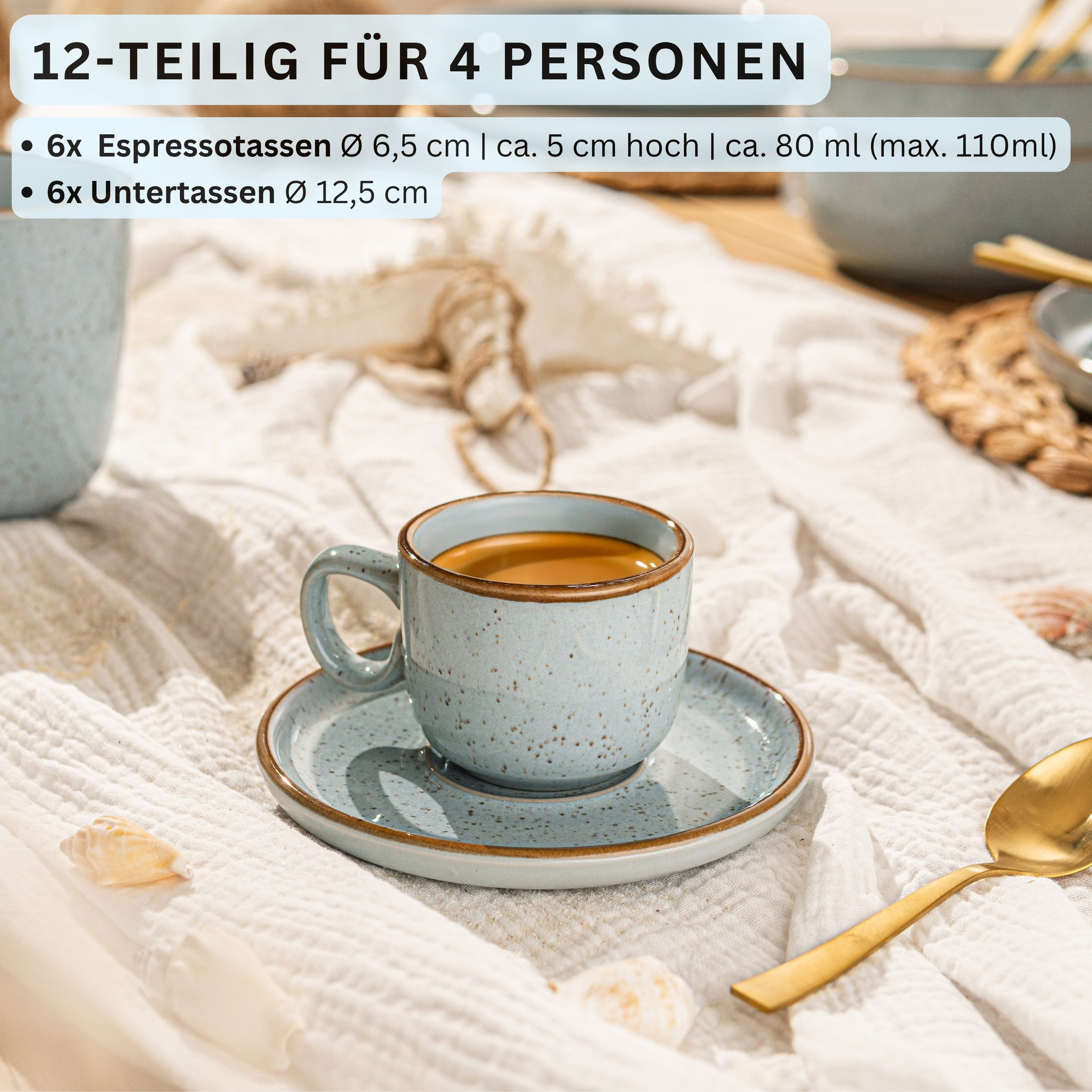 SÄNGER Espressotasse Set 12 tlg. Rio, 12-tlg., Steingut, Lagune, Blau, 80 ml, VALUE COLLECTION
