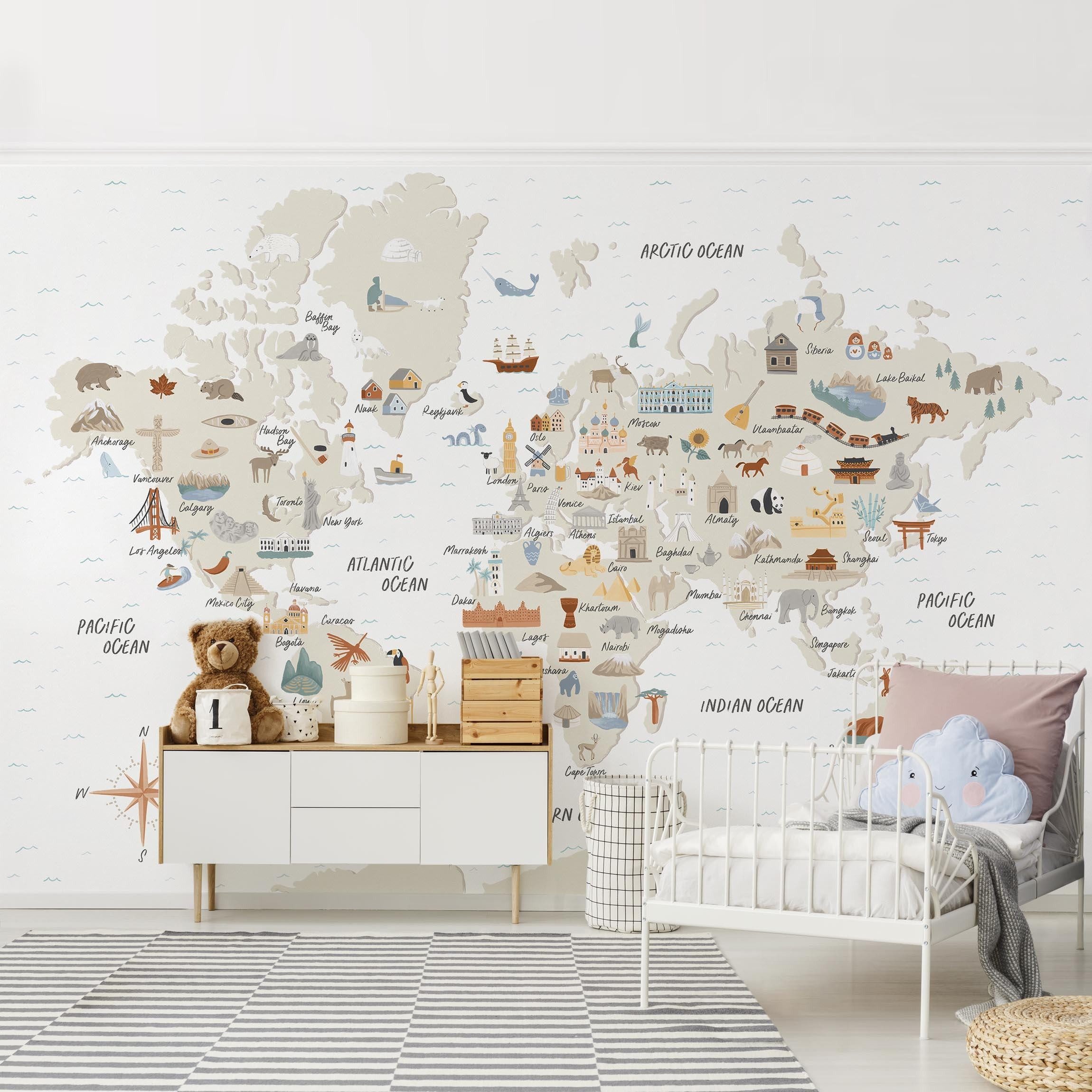 Bilderdepot24 Kindertapete Weltkarte Sehenswürdigkeiten Aquarell Kunst rosa moderne Wanddeko XXL, Glatt, Matt, (Vliestapete inkl. Kleister oder selbstklebend), Mädchenzimmer Jungenzimmer Babyzimmer Bildtapete Fototapete Wandtapete