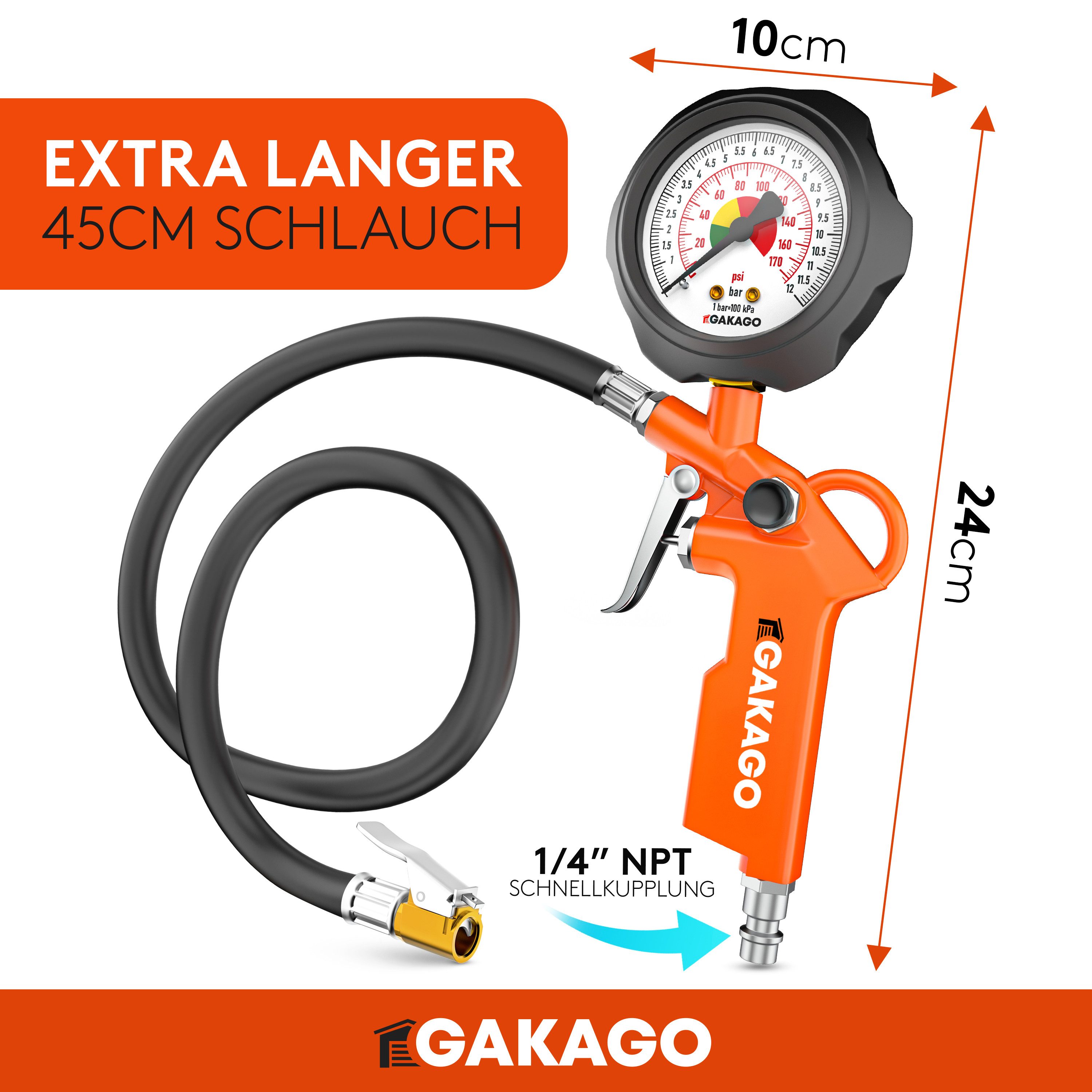 Gakago Tire Inflator - Precise tire pressure inflator with high-quality, max. 12 bar, compressed air pressure gauge, - Extra long 45cm tire inflation hose, - Versatile tire pressure tester for cars, trucks, bicycles and more.