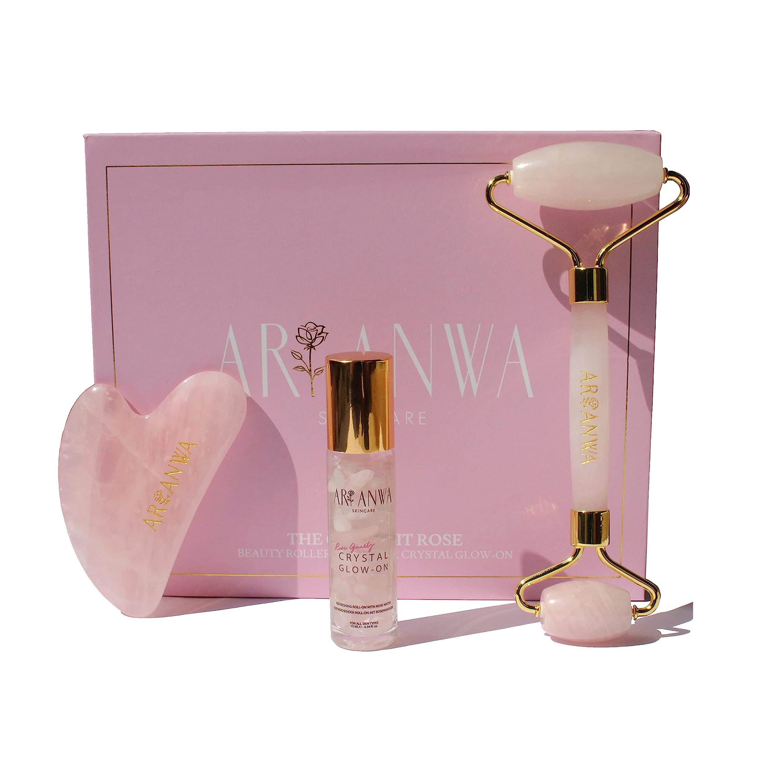 ARI ANWA Skincare Gesichtsmassagegerät Face Yoga Set - Gua Sha, Rosenquarz Roller & Rosenwasser Roll-On