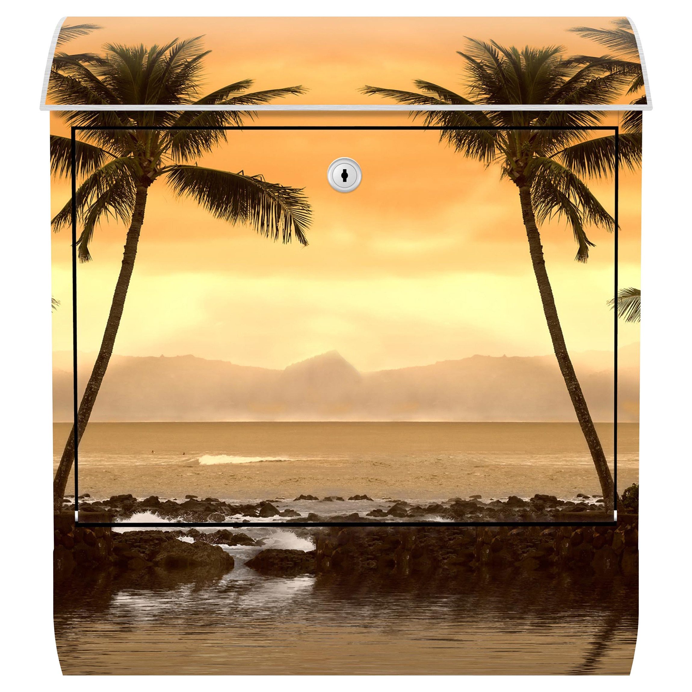 Bilderdepot24 Briefkasten Wandbriefkasten mit Zeitungsfach Motiv Karibischer Sonnenuntergang (inkl. Zeitungsrolle und 3 Schlüssel), Motivdruck, wetterfest, UV-beständig, abschließbar, 46x39x13 cm