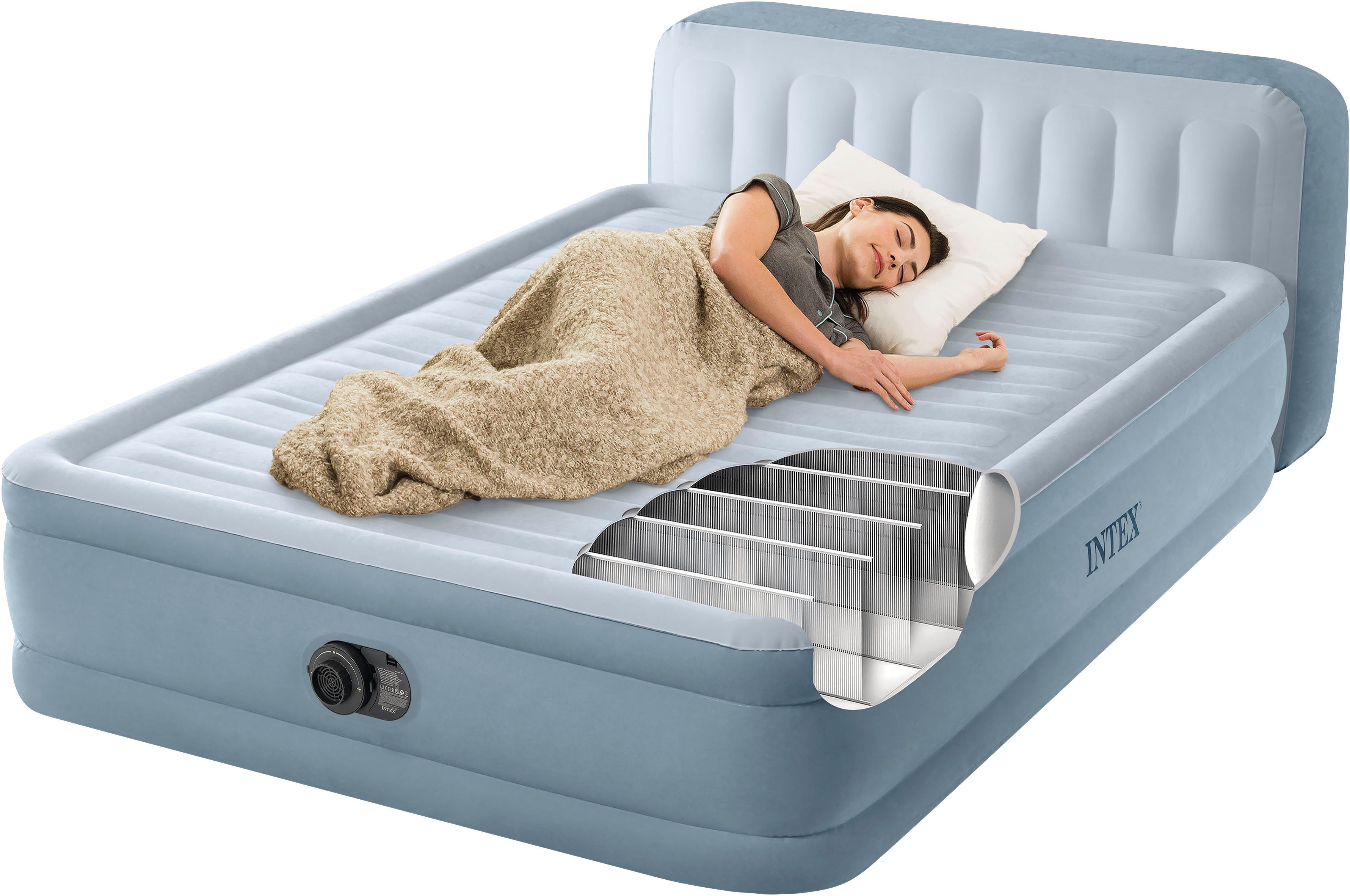 Intex Luftbett "DuraBeam Plush Headboard" Queen, (Packung, mit 220V Pumpe), mit integriertem Kopfteil