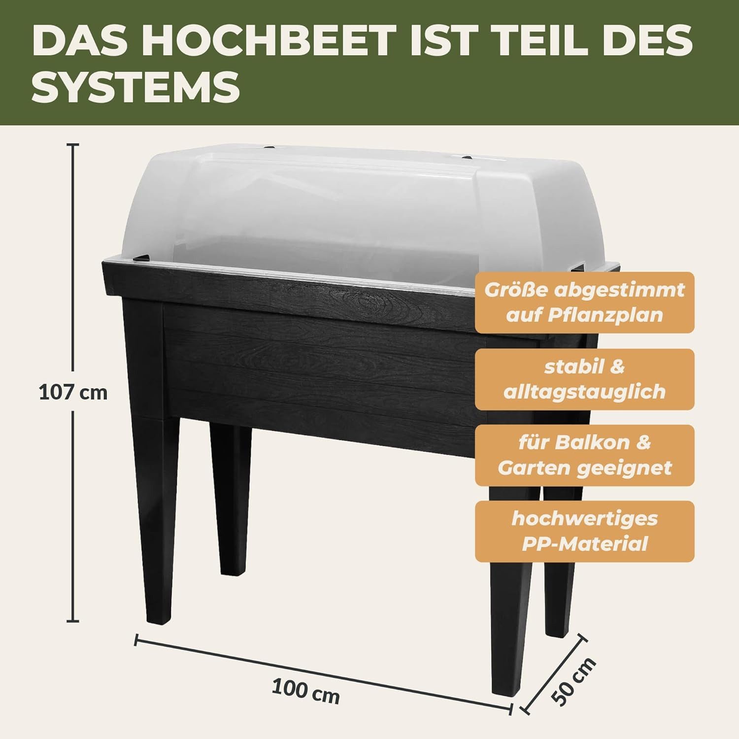GREEN HOME LOVE NATURE Hochbeet Hochbeet-Set XXL 107 x 100 x 50 cm mit Erde, Dünger & Saatgut, Transparente Abdeckung, als Frühbeet nutzbar, Kunststoff