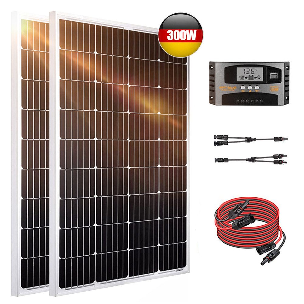 Rhein Beleuchtung Solarmodul 300W 12V Solaranlage Komplettset mit Solarpanel - Monokristallin, 300 W, Monokristallin, (1-St., Солнечные панели für Garten/Haus/Camping - Einfache Montage), IP65 + MPPT Regler - Ideal für Wohnmobil Komplettset