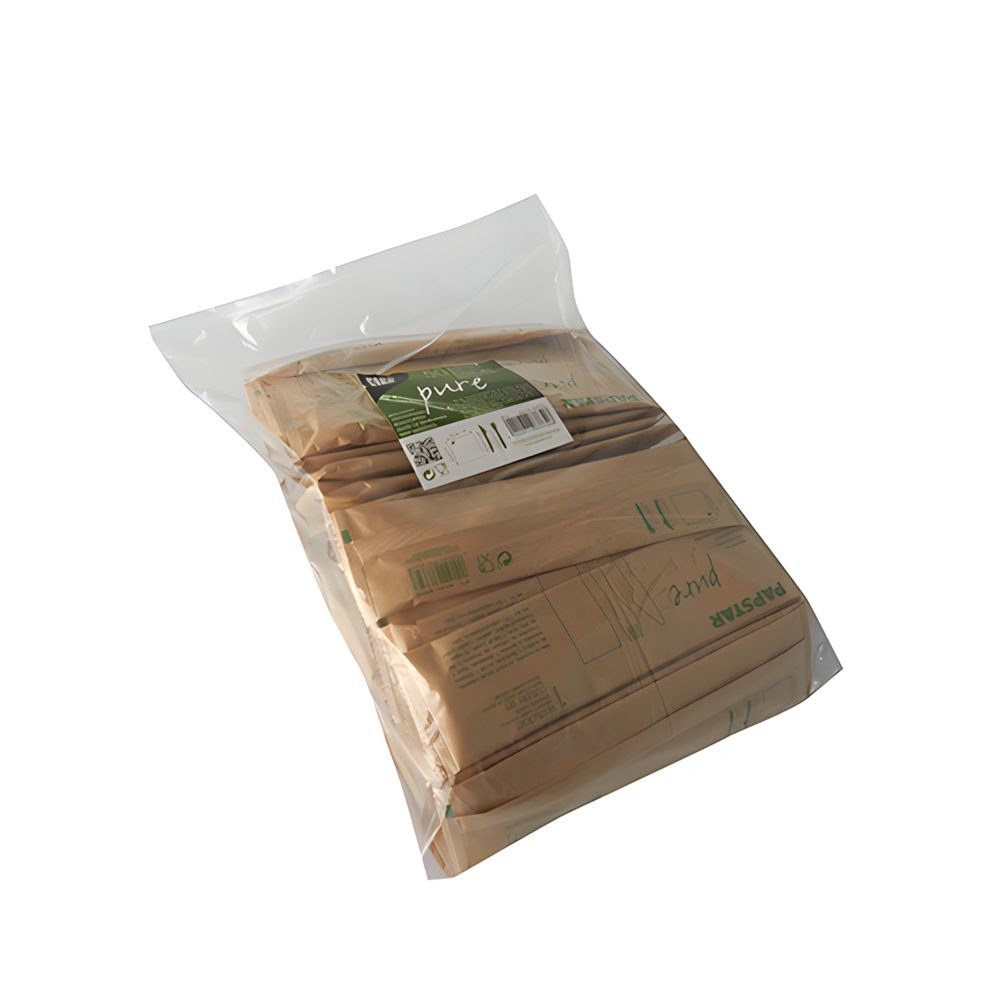 PAPSTAR Einwegmesser 50 x Besteckset, Holz pure : Messer, Gabel, Serviette in Papierbeutel