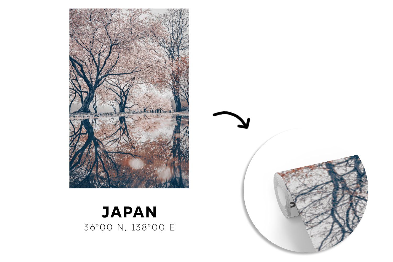 - (2 Wohnzimmer - Frühling Matt, für bedruckt, MuchoWow Fototapete Japan Sakura Schlafzimmer St), Küche, - Rosa, Vliestapete Fototapete