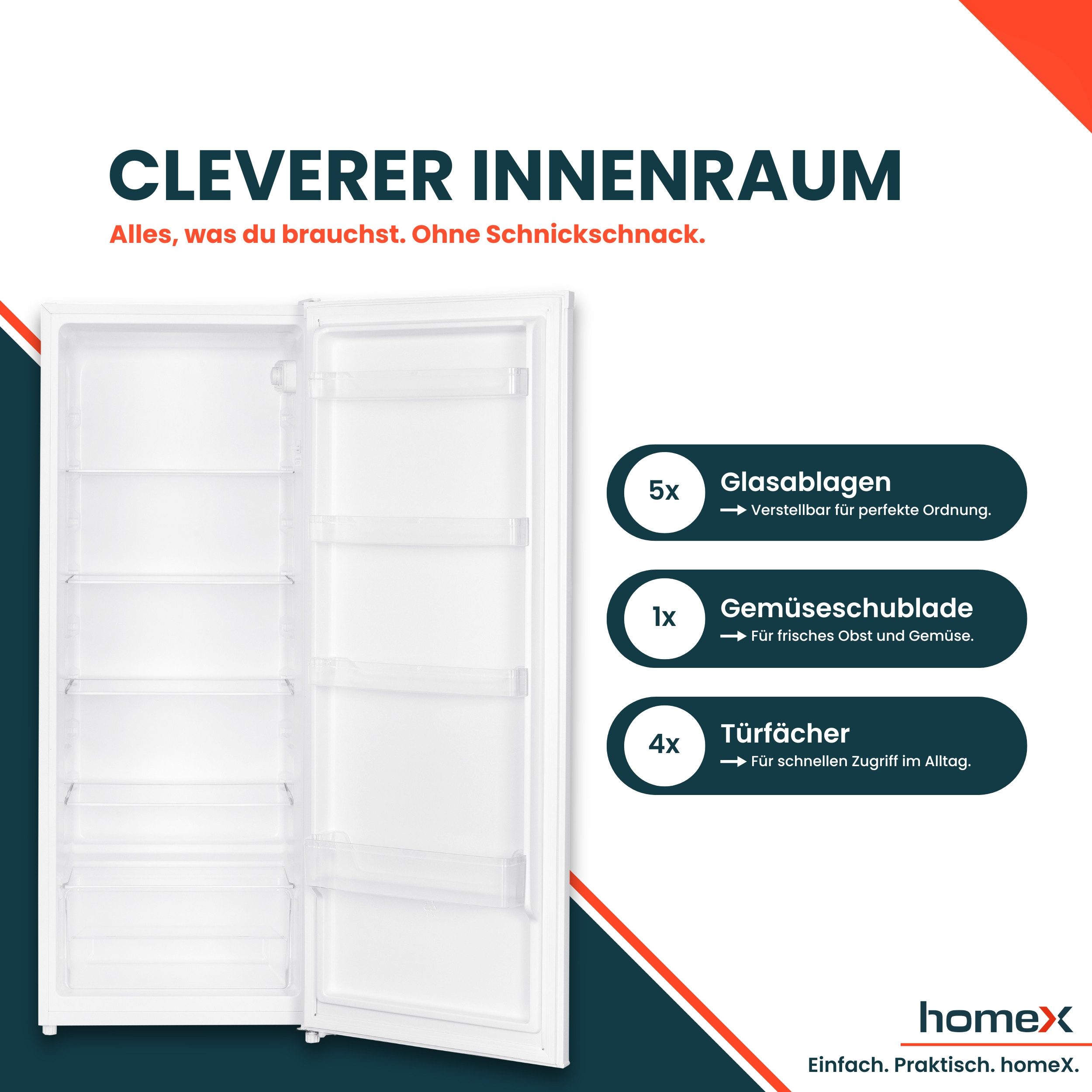 homeX Kühlschrank CS2422E-W, 143 cm hoch, 54.5 cm breit, 242 L, Vollraumkühlschrank ohne Gefrierfach groß, freistehend, 37 dB