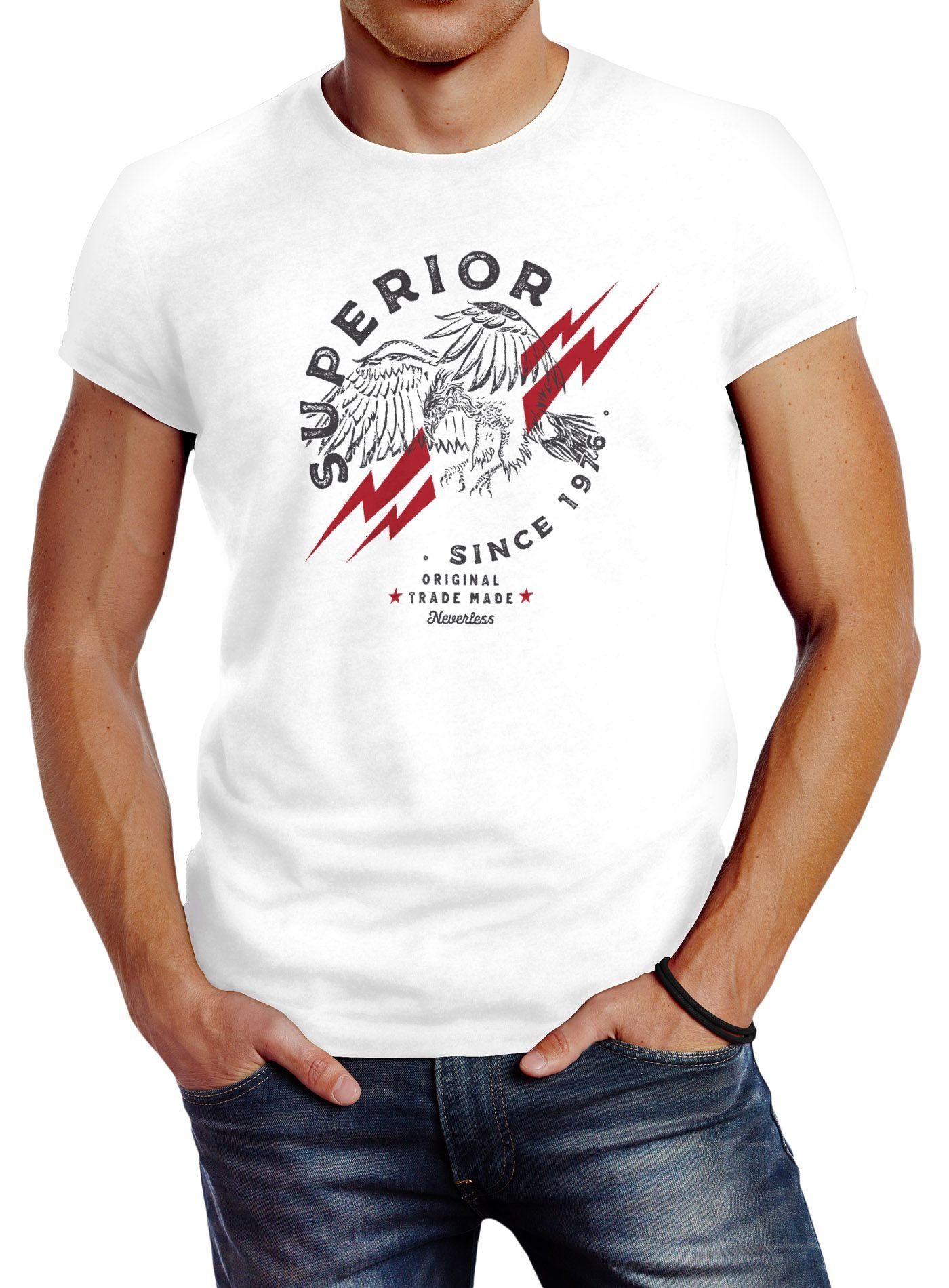 Neverless Print-Shirt Herren T-Shirt Superior Eagle Since 1976 Adler Print Slim Fit Neverless® mit Print weiß