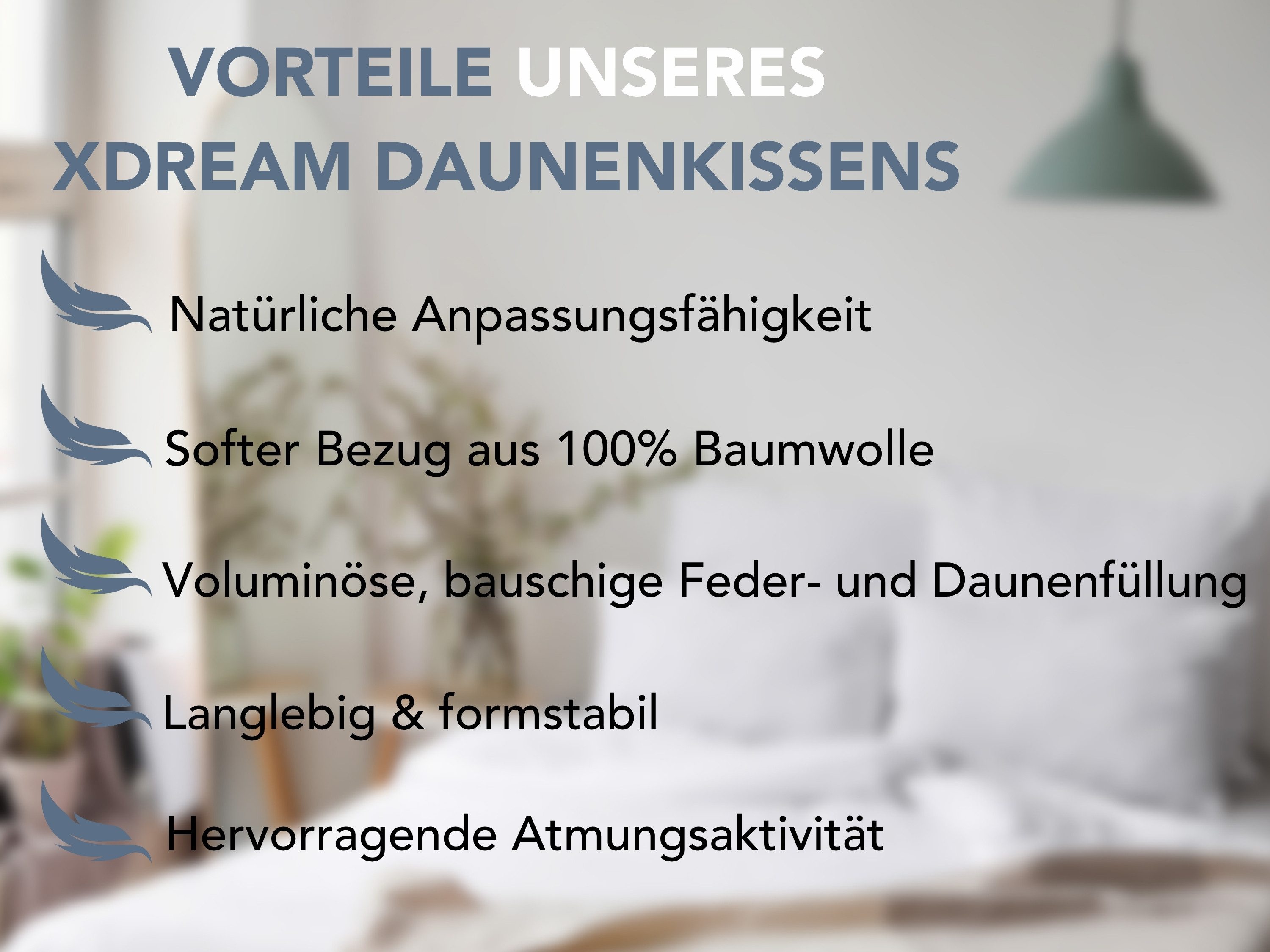 XDREAM Daunenkissen Premium, Kopfkissen 40x80 cm und 80x80 cm, entwickelt in Deutschland, Füllung: Daunen und Federn, Bezug: 100% Baumwolle, Rückenschläfer, Sei – Bild 5 von 5