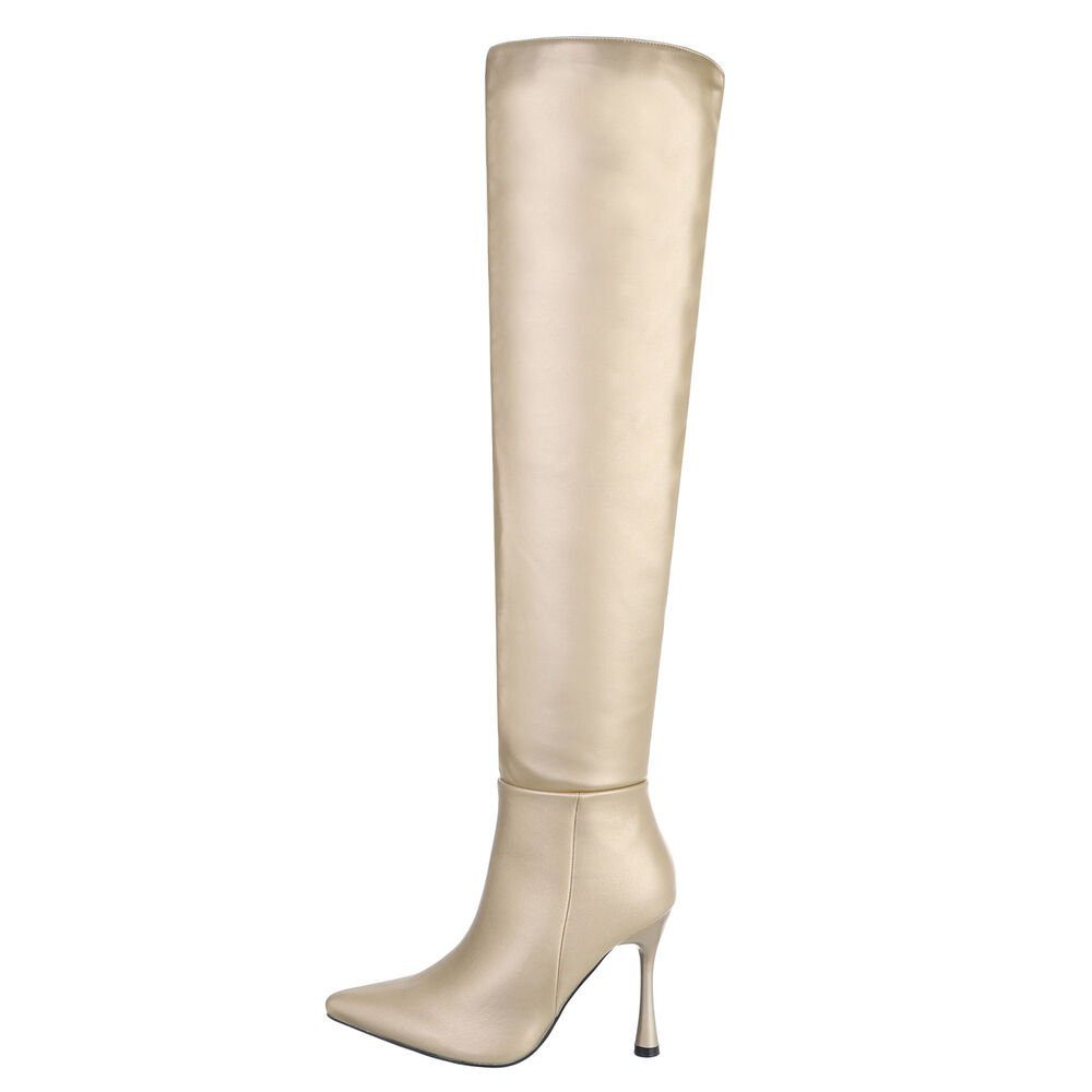 Ital-Design Damen Abendschuhe Party & Clubwear Overkneestiefel Pfennig-/Stilettoabsatz High-Heel Stiefel in Gold