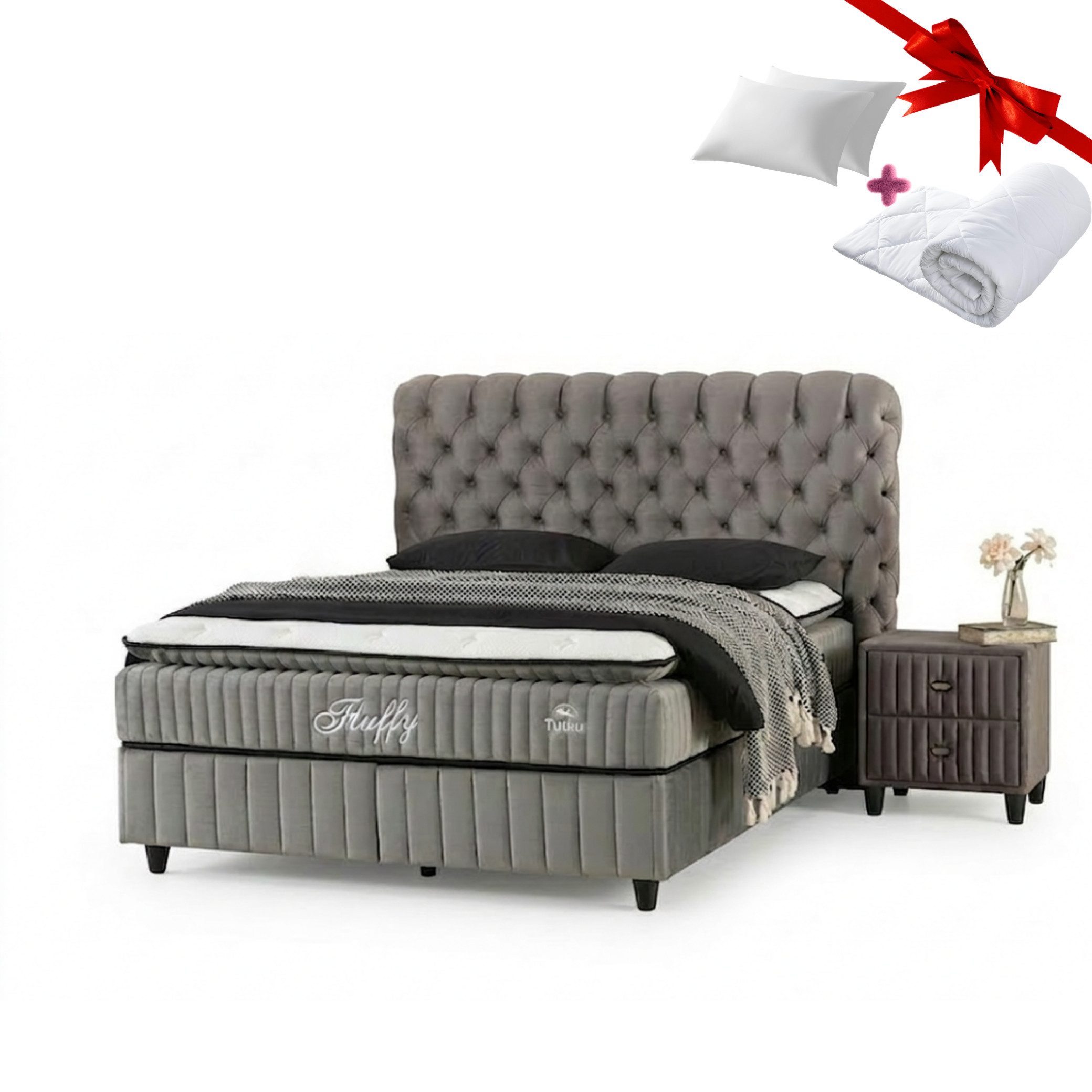 gowoll Boxspringbett Fluffy Bett Set mit Matratze mit Topper 140x200 160x200 180x200 (Doppelbett), mit 2xBettkasten und Polsterbett Kopfteil