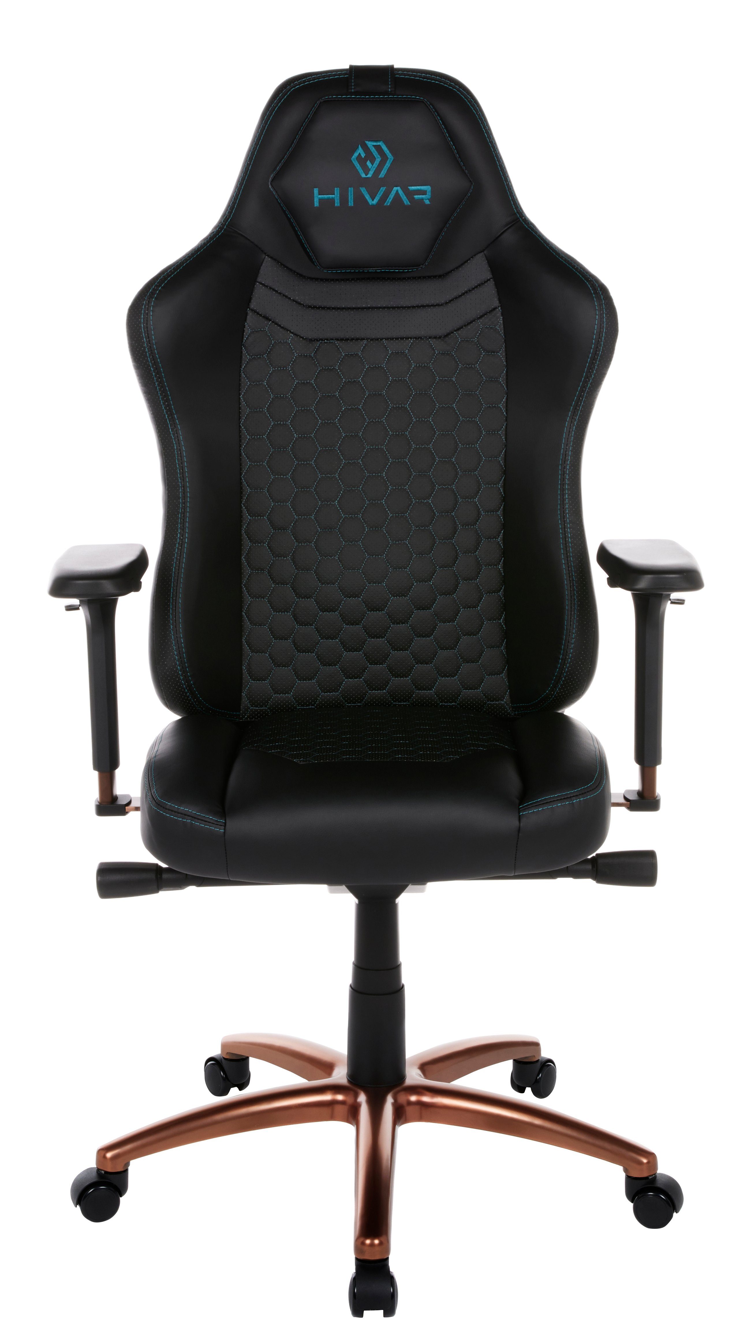 HIVAR Gaming-Stuhl ORBICAL ONYX, Sitztiefenverstellung, höhenverstellbare Rückenlehne, Lordosenstütze, 4D Armlehnen, Wippwiderstand, Synchronmechanik, TÜV geprüft, Belastbarkeit 130 kg Fußkreuz: Copper