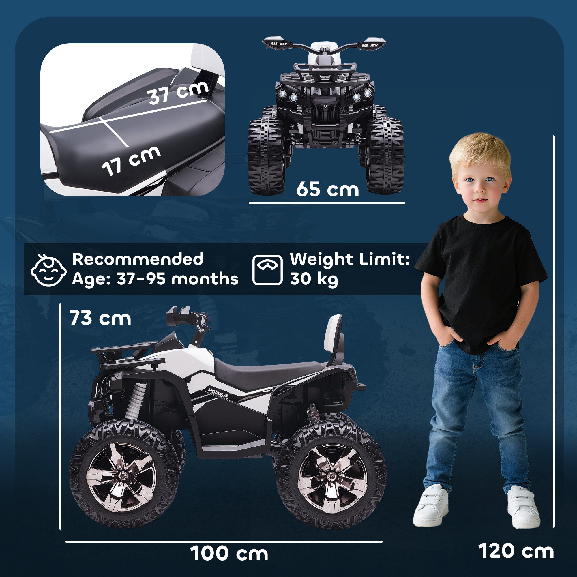 HOMCOM Elektro-Kinderquad Elektro Quad für Kinder mit Vorwärts-, Rückwärtsfunktion 2 Motor USB, Belastbarkeit 30 kg, (1-tlg), 3-8 km,h, für 3-5 Jahre, Weiß