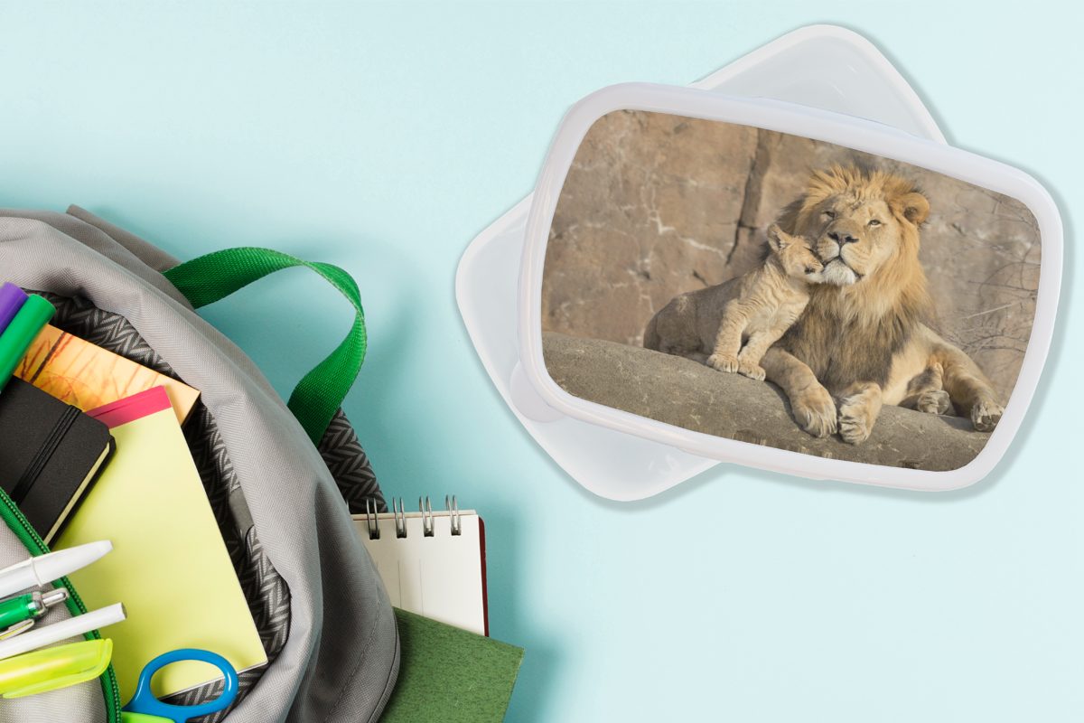 Lunchbox - Porträt, für Kunststoff, Erwachsene, MuchoWow Kinder Brotbox (2-tlg), weiß für - Jungs Steine Mädchen Brotdose, Löwen und und