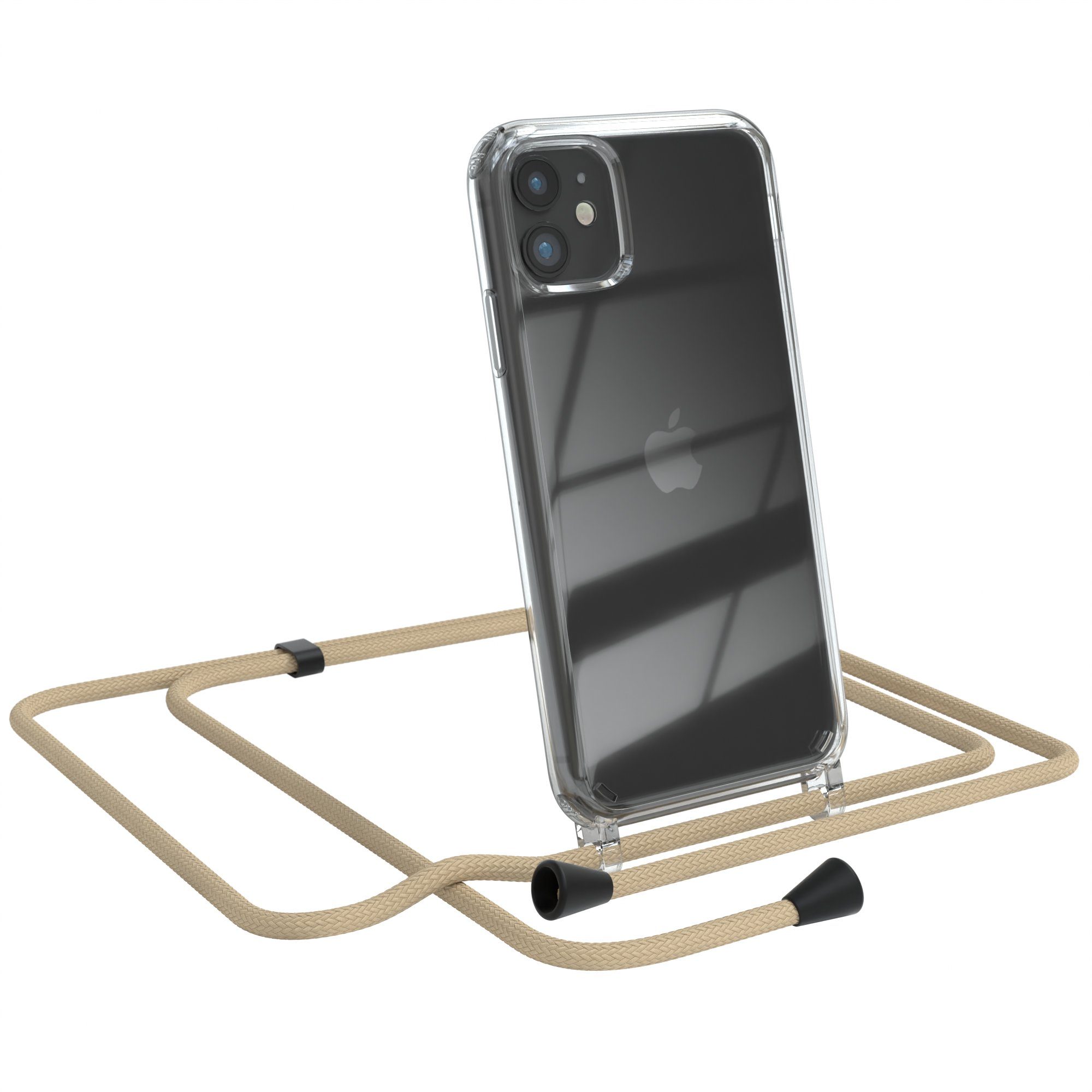 EAZY CASE Handykette Kette Clips Schwarz für Apple iPhone 11 6,1 Zoll, Handykordel Umhängetasche für Handy Hülle durchsichtig Beige Taupe