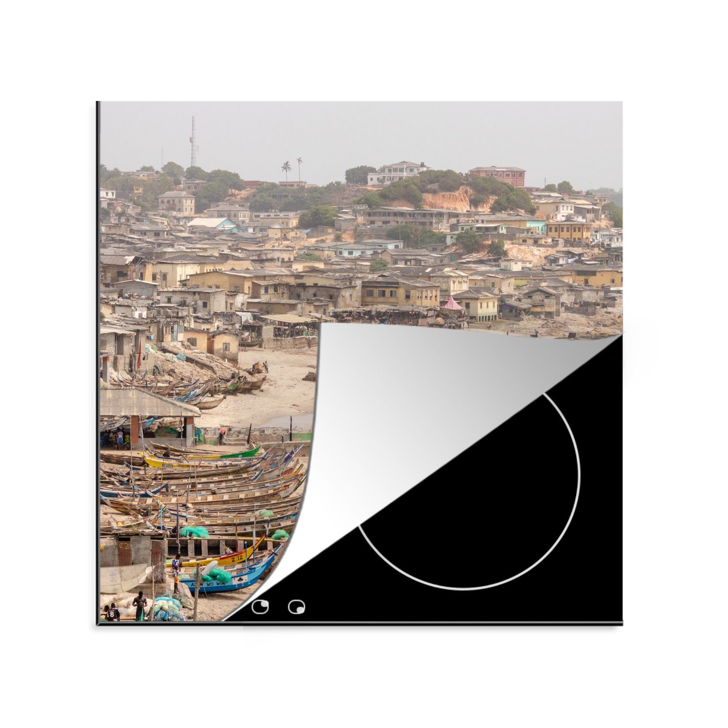 für tlg), (1 cm, Ceranfeldabdeckung, küche Herdblende-/Abdeckplatte MuchoWow Strand, Ghana - - 78x78 Vinyl, Arbeitsplatte Boote