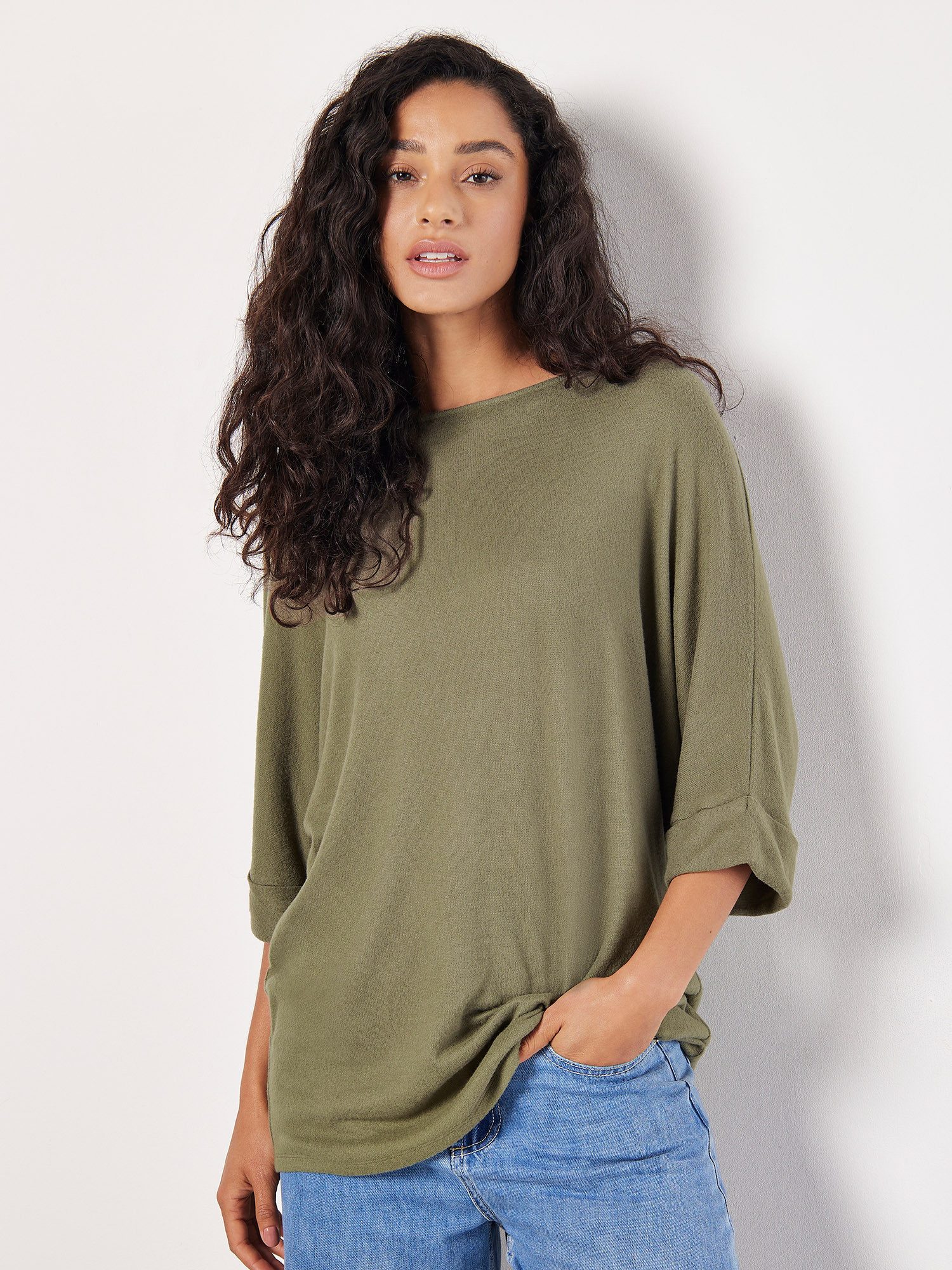 Apricot Rundhalsshirt Longshirt, (1-tlg) mit Fledermausärmeln günstig online kaufen