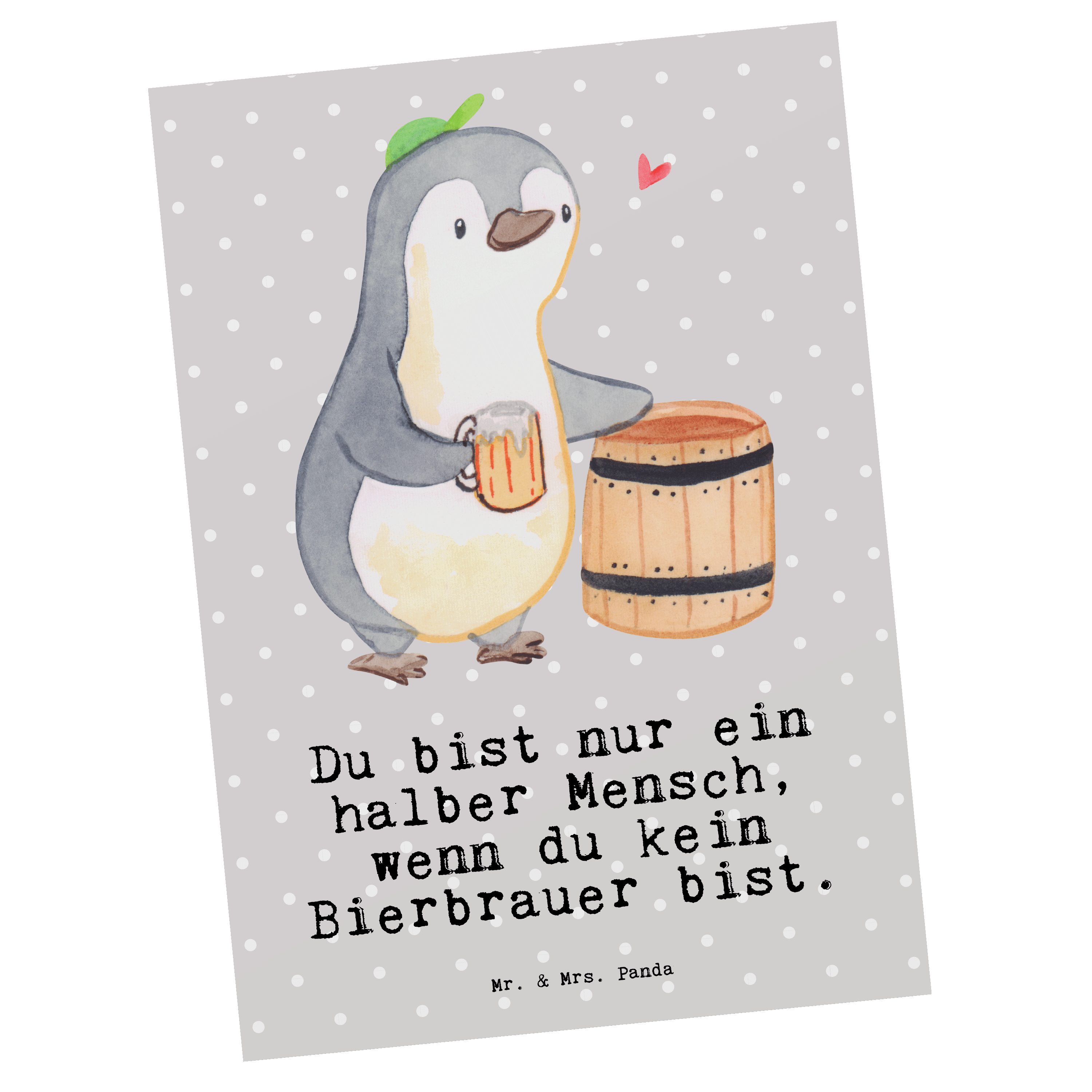 Mr. & Mrs. Panda Postkarte Bierbrauer mit Herz - Grau Pastell - Geschenk, Firma, Karte, Kollegin