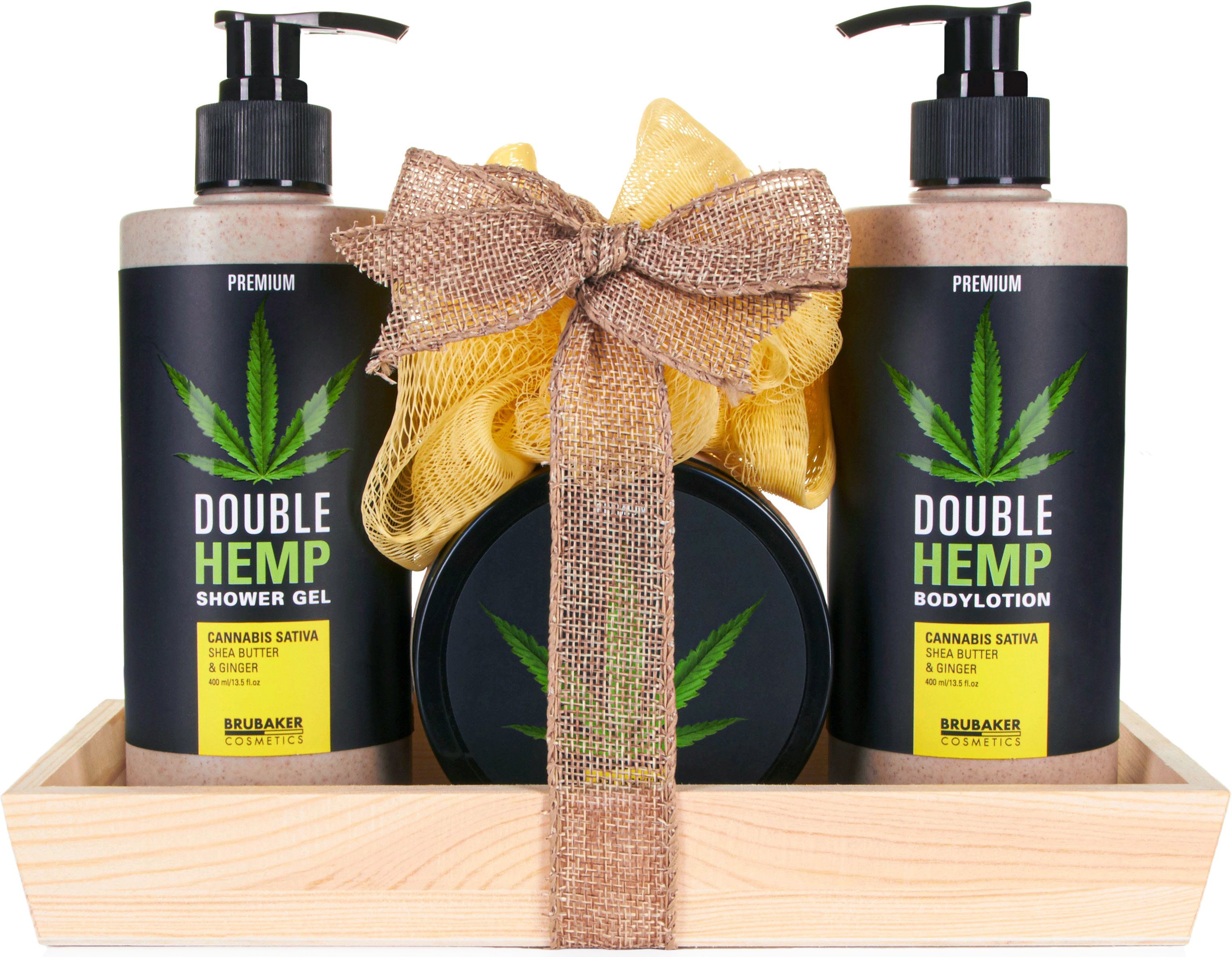 BRUBAKER Pflege-Geschenkset Dusch- und Badeset mit Shea Butter & Ingwer Duft, Wellness Geschenkset, 5-tlg., Hanf Beautyset für Frauen mit Deko-Tablett aus Holz, Damen Pflegeset