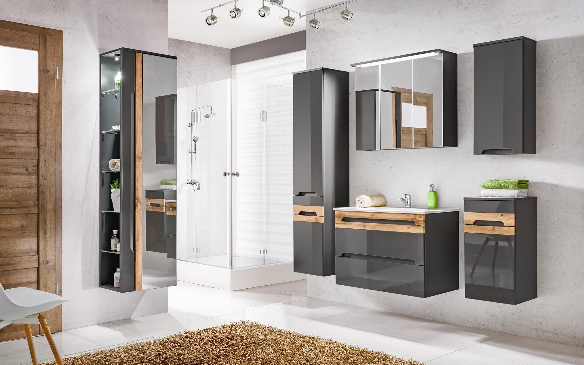 Xlmoebel Badmöbel-Set 5-teiliges Badezimmermöbel Set mit Schrank, Waschbecken und Licht, (5-St), Made in Europa