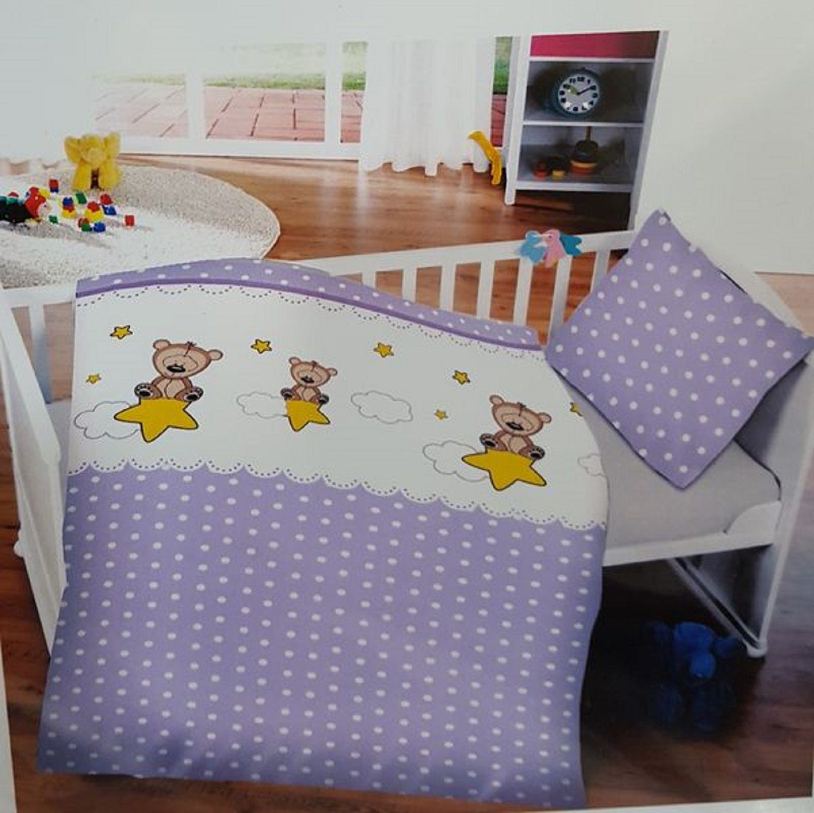 Babybettwäsche Baby Bettwäsche Bär und Sterne 100 x 135 cm 100% Baumwolle