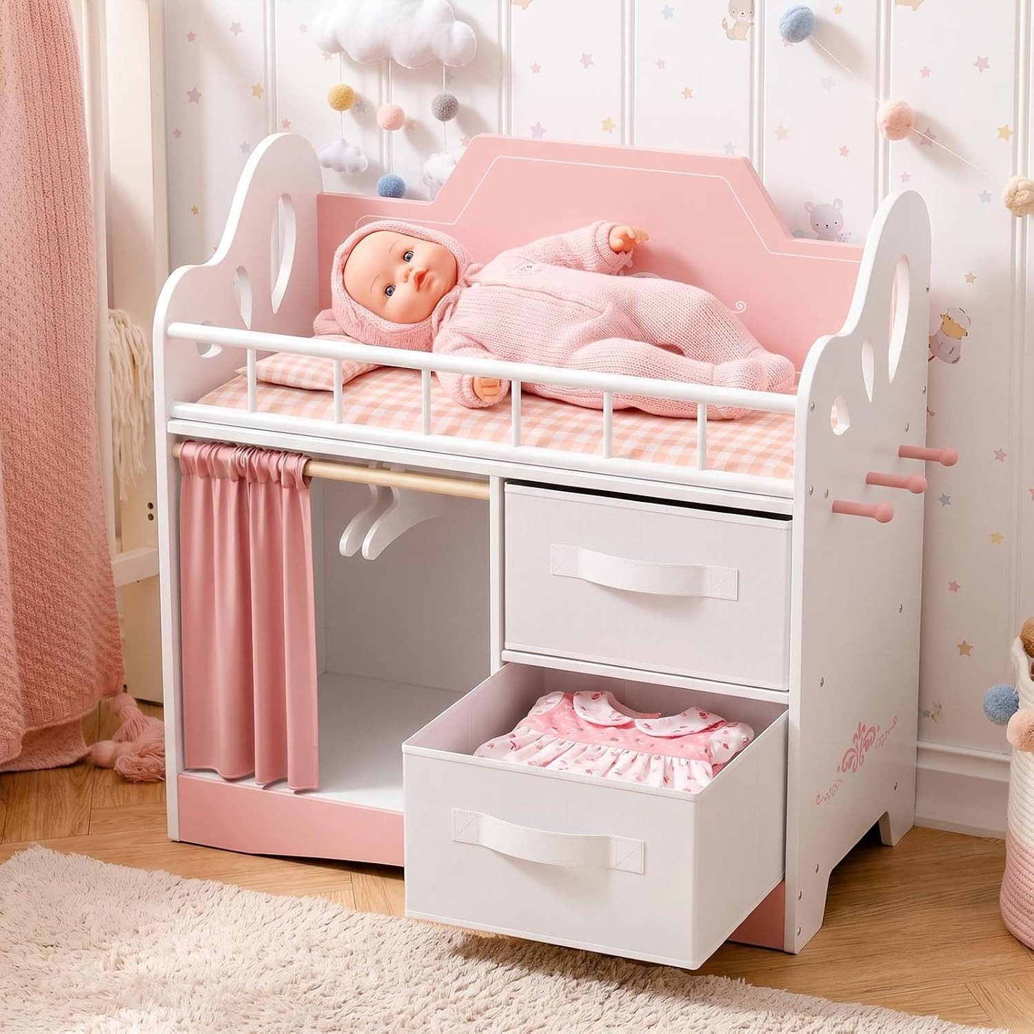 TLGREEN Puppenbett als Kinderspielzeug (stabiles Puppenmöbel für Rollenspiele, kindgerechtes Puppenbett‑Zubehör für Puppen), kreatives Spielzeug für Kinder ab 3 Jahren im Kinderzimmer