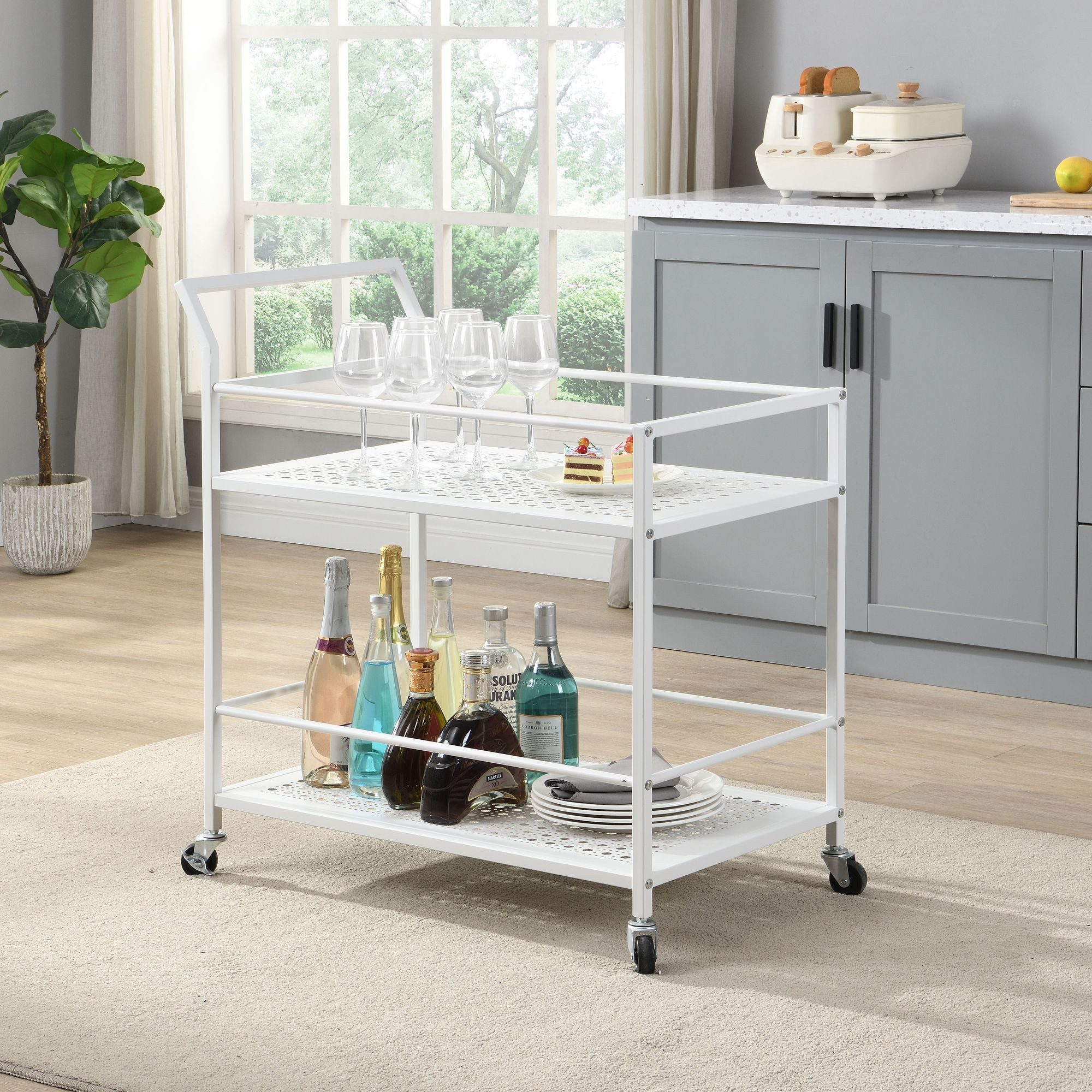 Wohnling Servierwagen Metall Weiß 2 Ebenen mit Rollen Küchenwagen Barwagen WL7.322, (79x45x83 cm Küchenwagen 2 Ebenen Metall Rechteckig), Speisewagen Küche Weiß, Teewagen auf Rollen