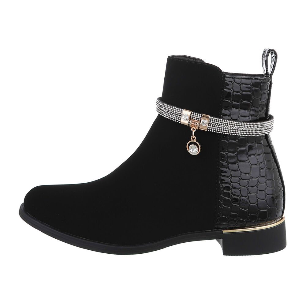 Ital-Design Damen Elegant Stiefelette Blockabsatz Flache Stiefeletten in Schwarz